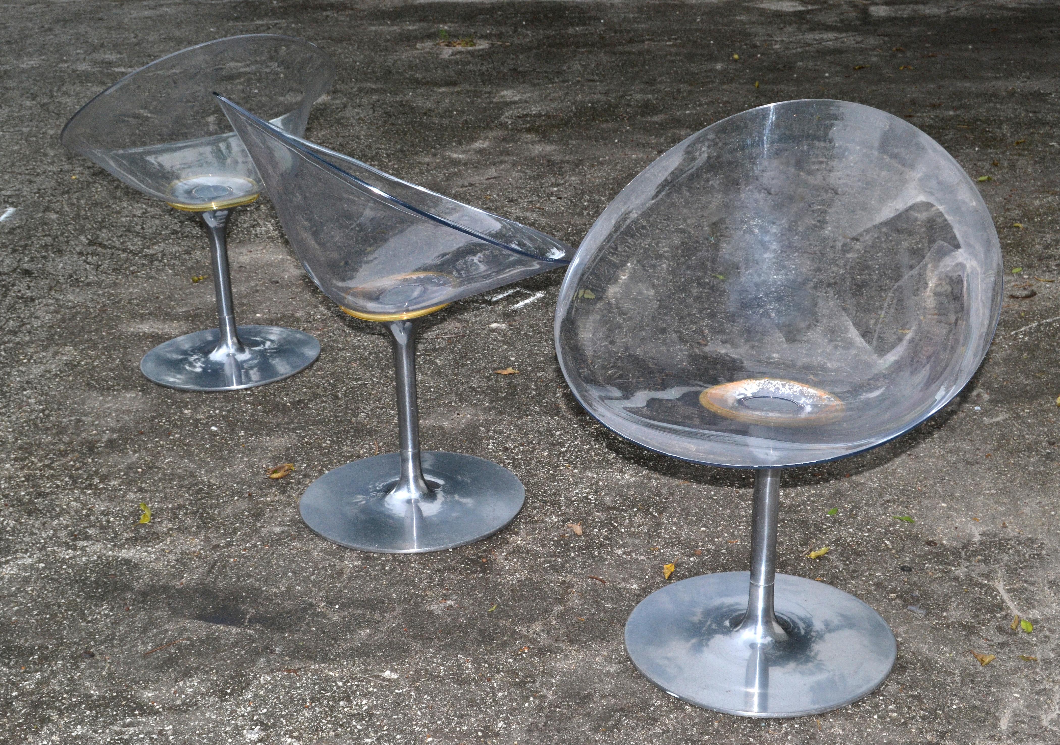 Aluminum Philippe Starck for Kartell Clear Lucite Eros Swivel Italian Chairs, Set of 3 For Sale