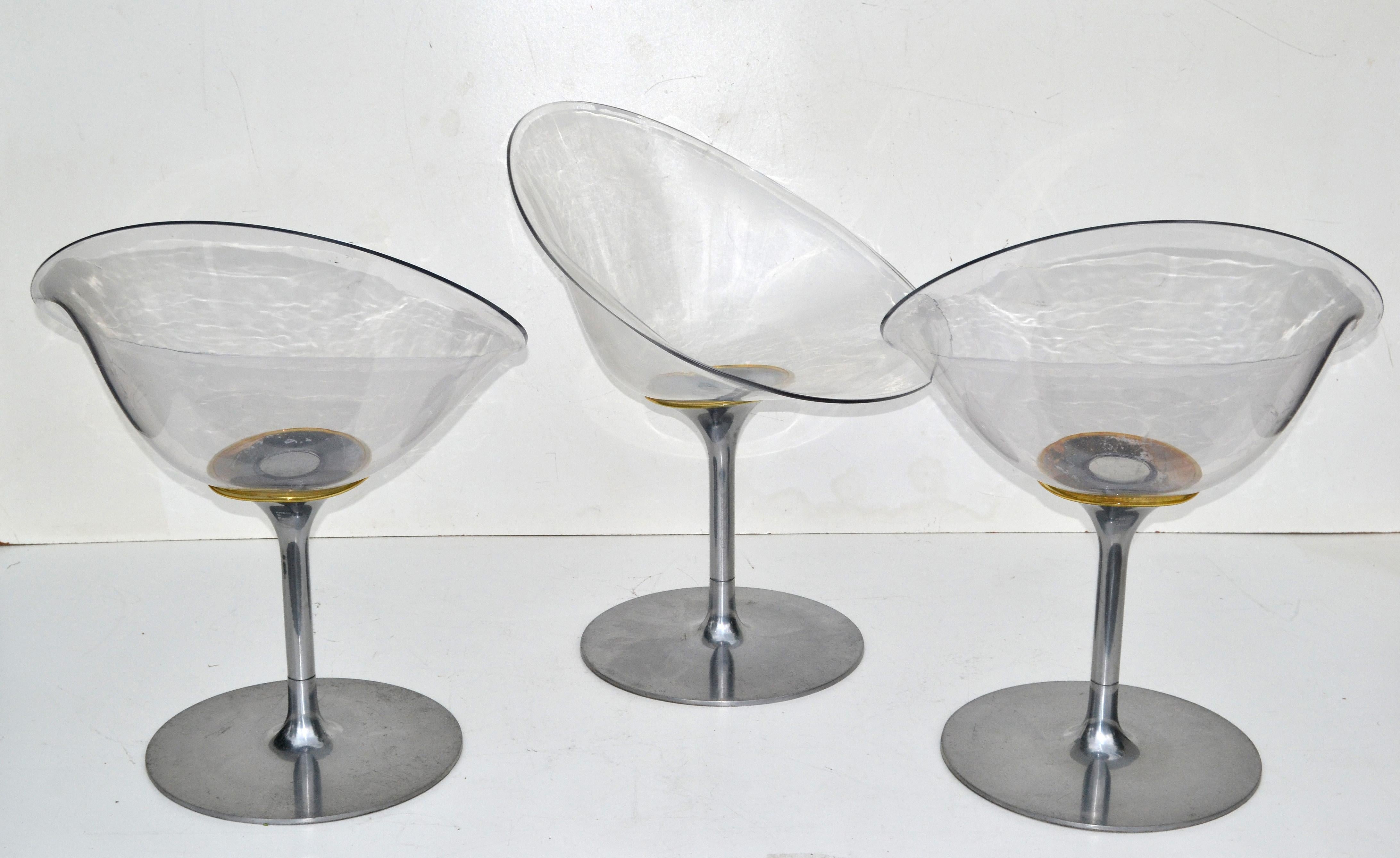 Philippe Starck para Kartell Juego de 3 sillas giratorias italianas Eros de lucite transparente Moderno de mediados de siglo en venta