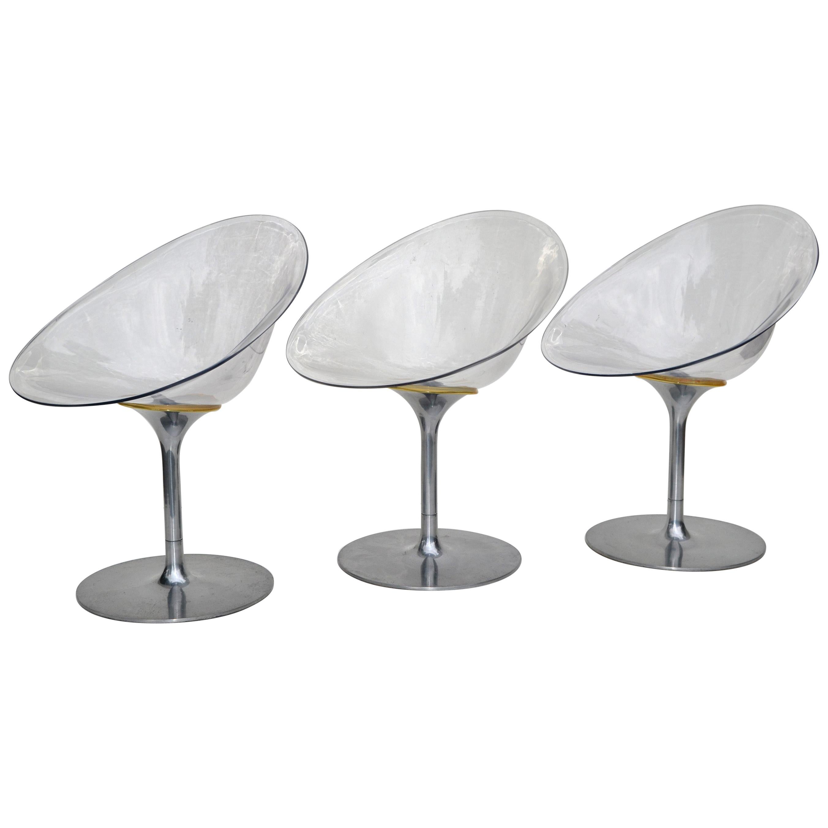 Philippe Starck for Kartell Clear Lucite Eros Swivel Italian Chairs, Set of 3 For Sale