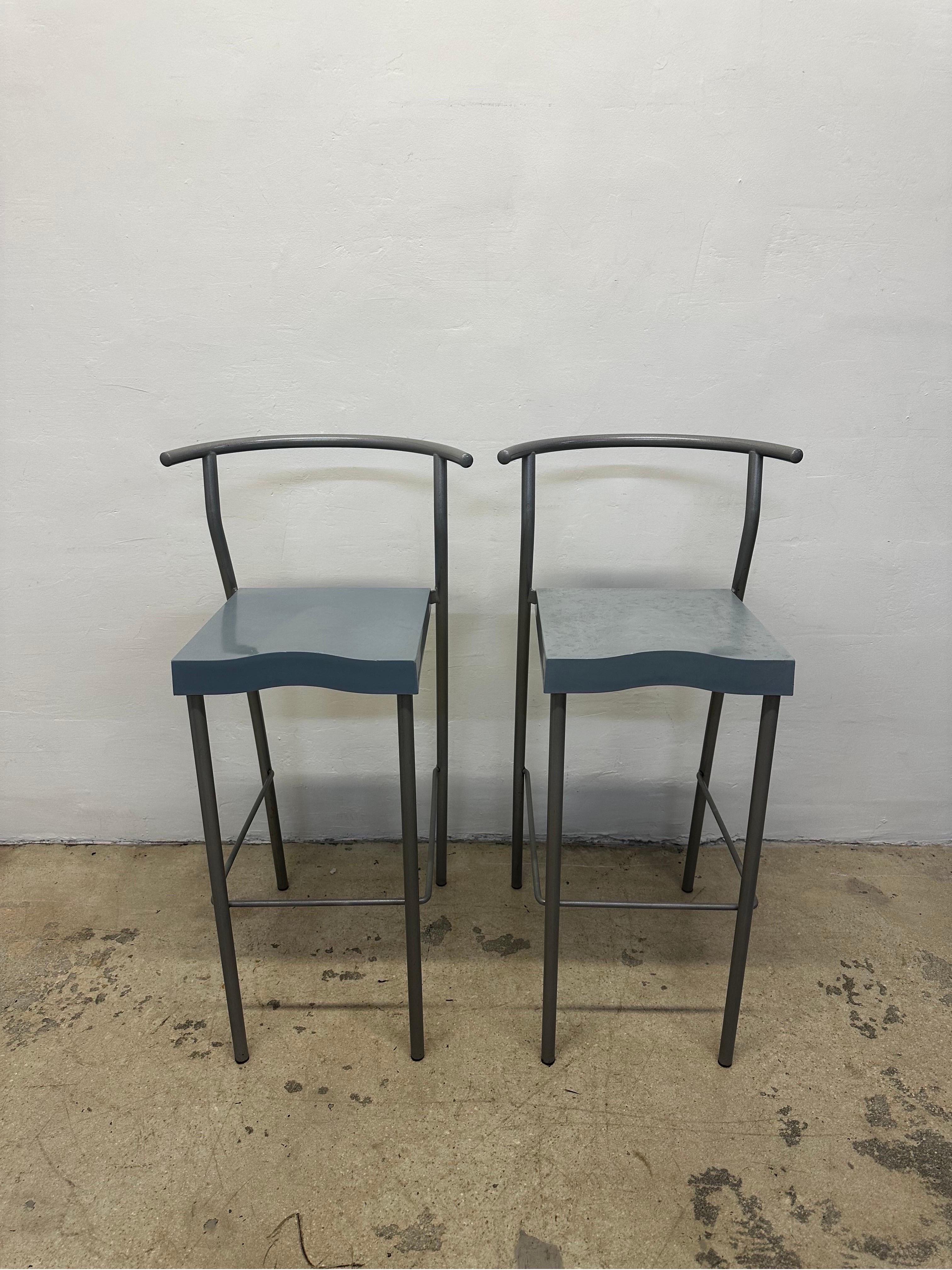 Pair of Philippe Starck designed Hi-Glob barstools with mint green seats and gray lacquered frame for Kartell.