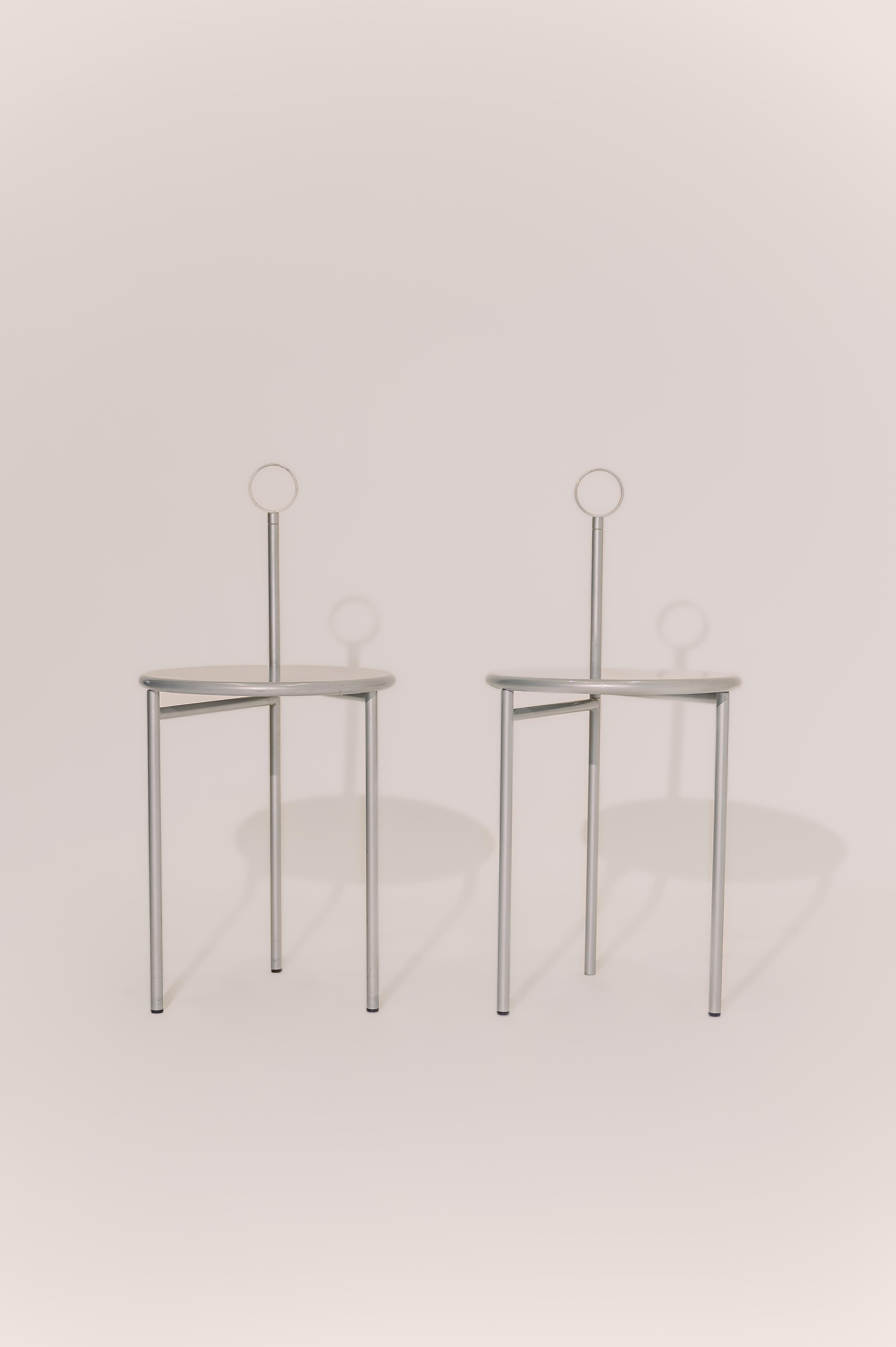 Radical folding and transportable design by Starck. Suitable for use or as art pieces.
Driade production 1985 France/Italy.
In good vintage condition, minor scratches.

A design of deceptive simplicity, Starck’s Mickville chair plays a deft trick. A