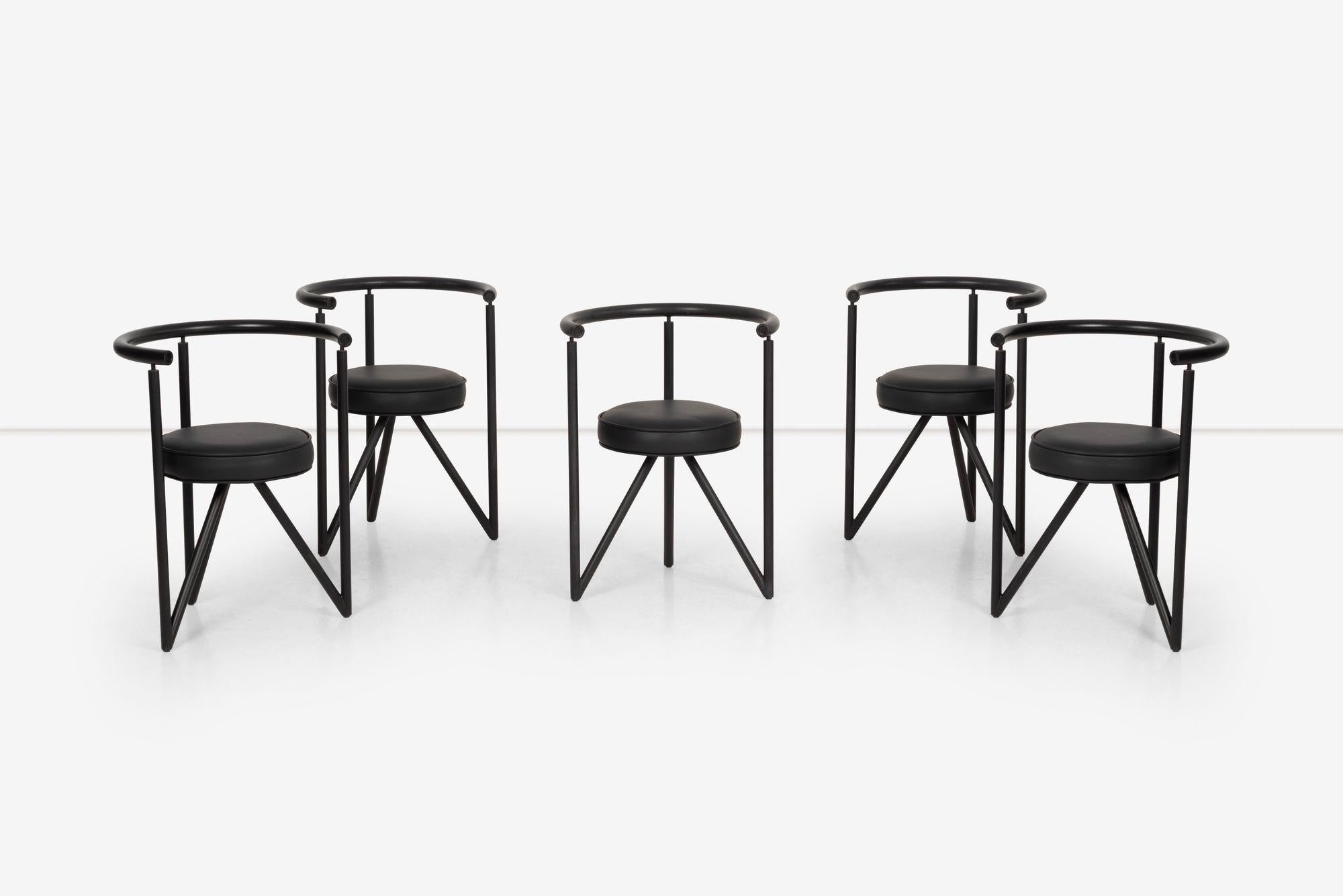 Philippe Starck Miss Dorn Chairs, set of Five by Disform Spain,1982
Enameled steel, upholstery.
seats have been reupholstered in leather
Dimensions:
27.50 height
21 Width
19 Seat Height