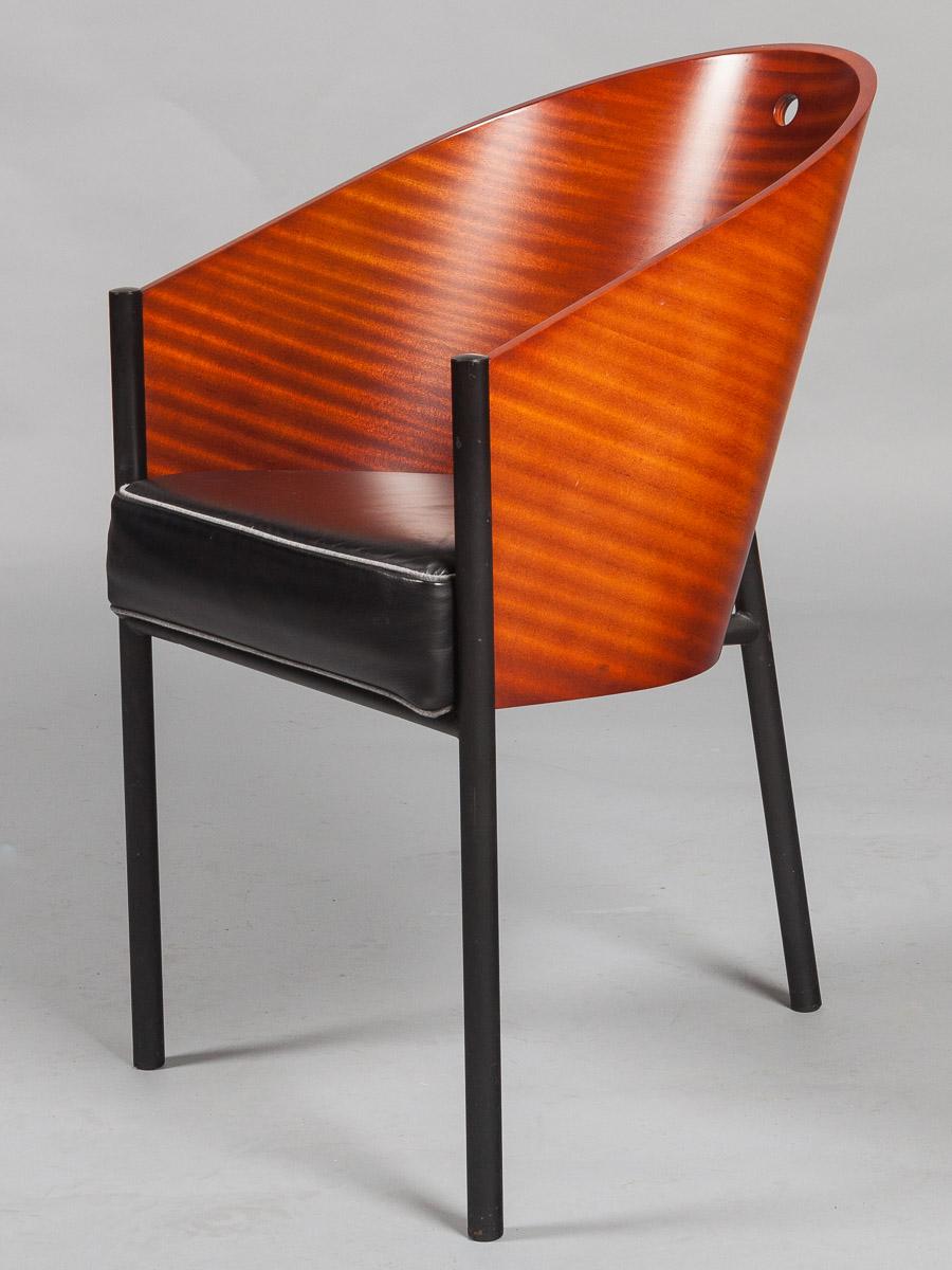 Philippe Starck Modern Wood and Black Leather Chairs, 1980s For Sale 1