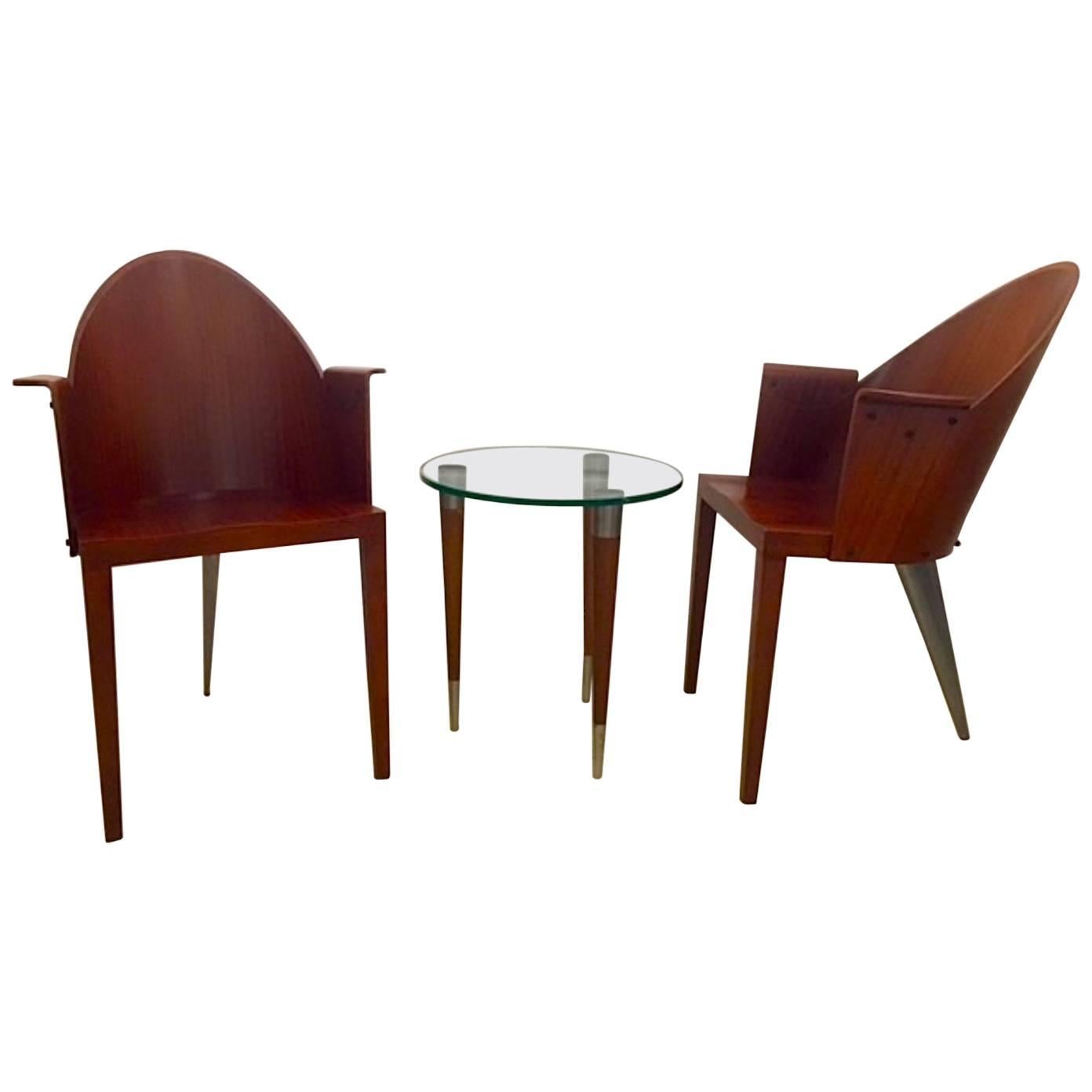 Philippe Starck Royalton, Two Signed Armchairs and Small Table by Driade
