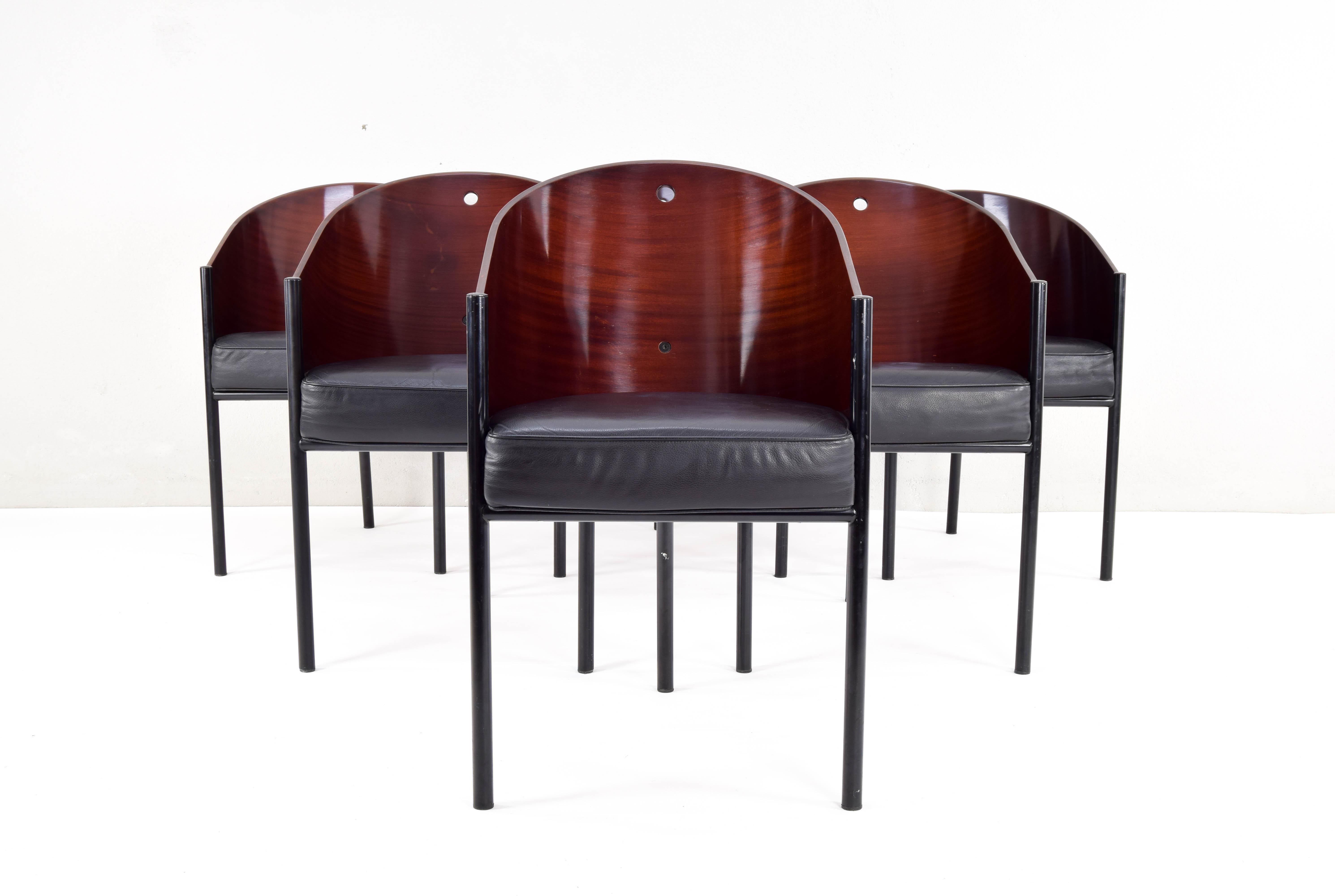Vintage set of six Costes model chairs by Philippe Starck for Aleph / Driade Italia. Original set from the 80s, first editions produced by the firm.
Black painted tubular steel structure and curved plywood ebonized mahogany finished shell.