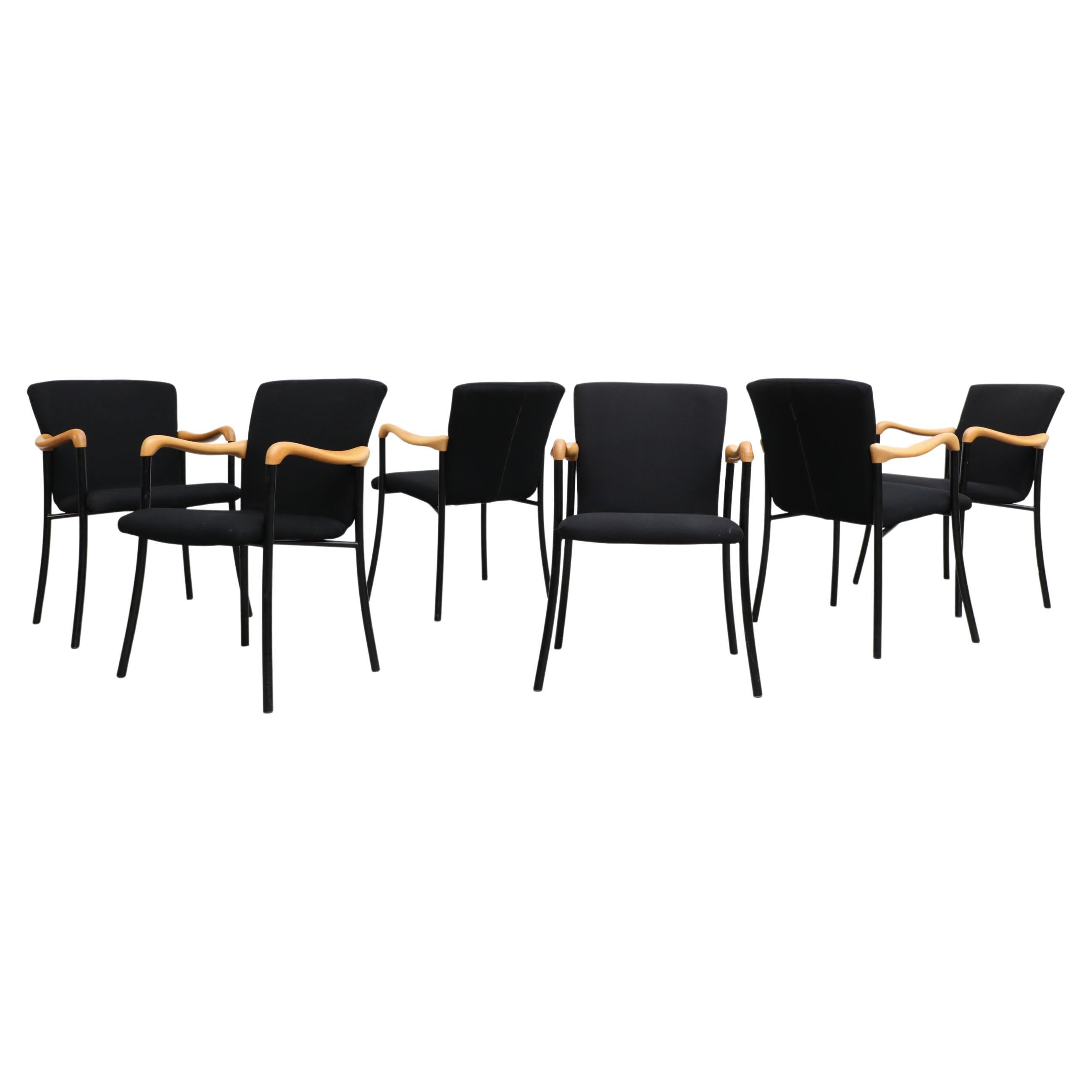 Beta Wassenaar Philippe Starck Style Armchairs w/ Black Upholstery & Wood Arms