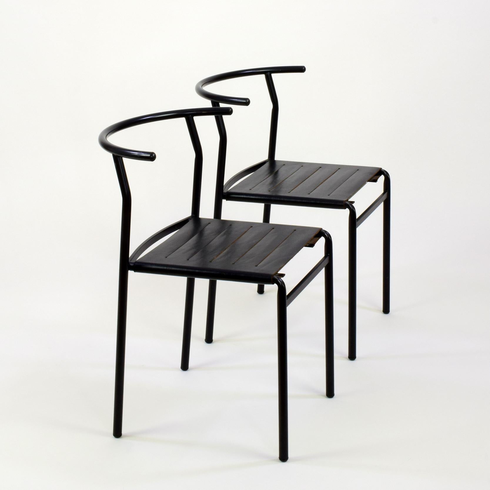 Philippe Starck (designer), France
Baleri Italia (manufacturer), Italy
Pair of stacking 'Cafe´ Chairs,' designed 1984.

Fantastic early set in black leather with black lacquered tubular steel frames.
Stamped to underside of seat 'Baleri