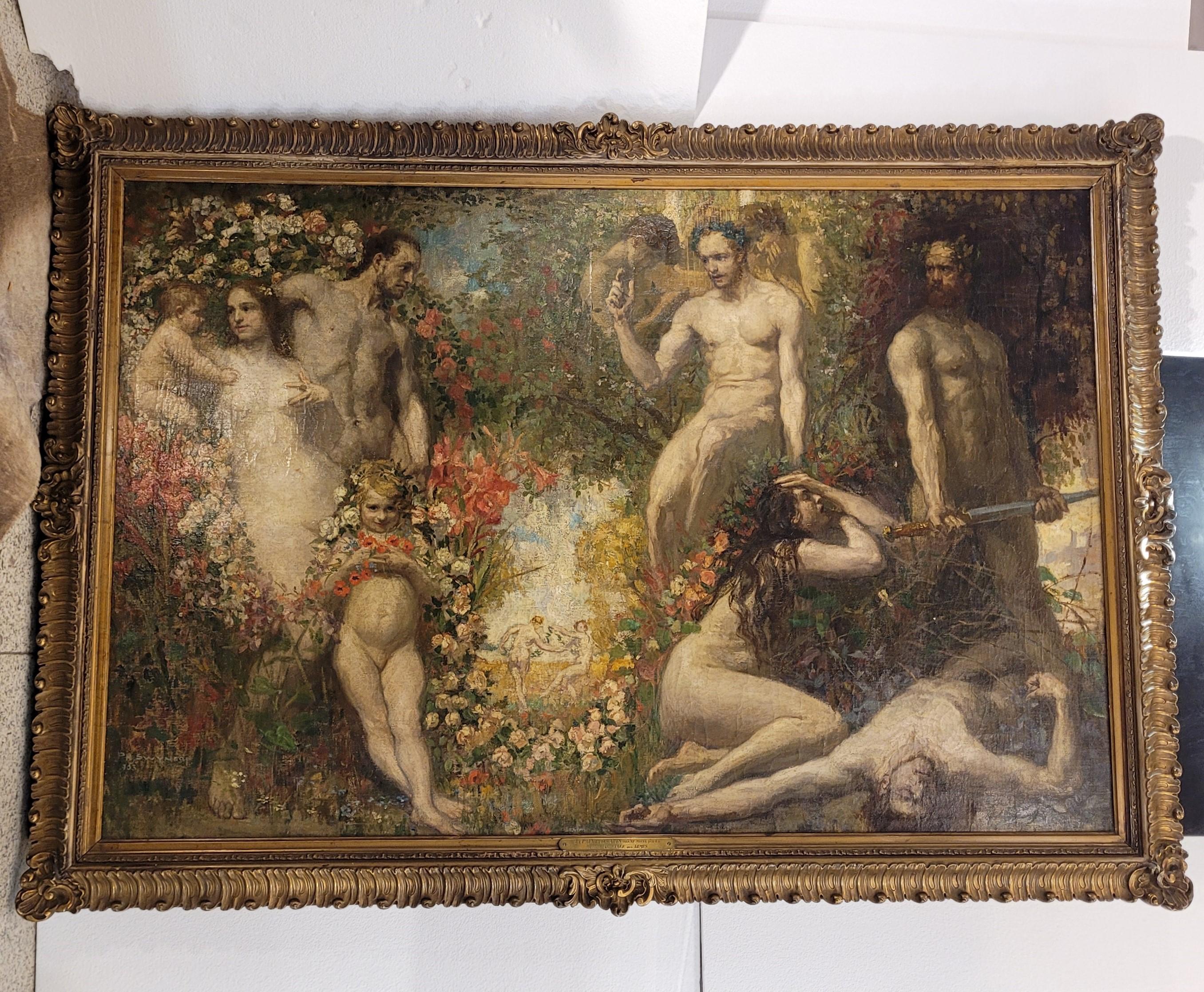 Flemish School Oil on Canvas Allegory of Peace and the Arts Philippe Swyncop - Art Nouveau Painting by  Philippe Swyncop 