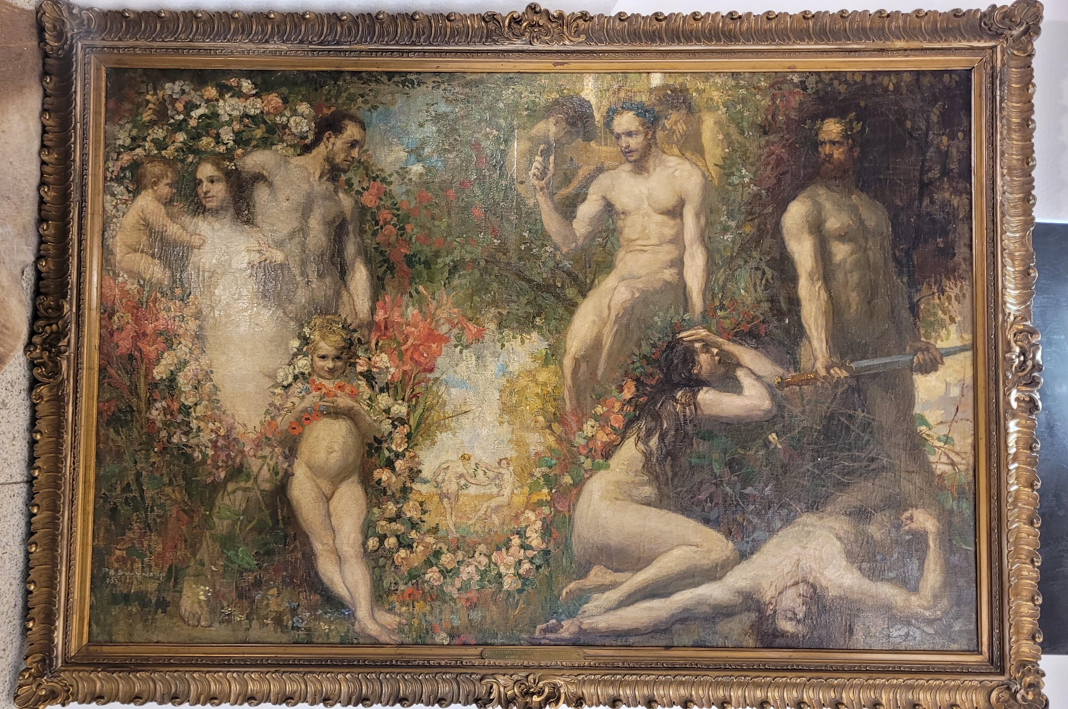 One of a kind and very important oil on canvas signed and dated by the Belgian artist Philippe Swyncop (1878 – 1949) in the lower left corner. The plaque at the bottom of the frame reads: “Peace and the Arts are worth more than the brutal glory of