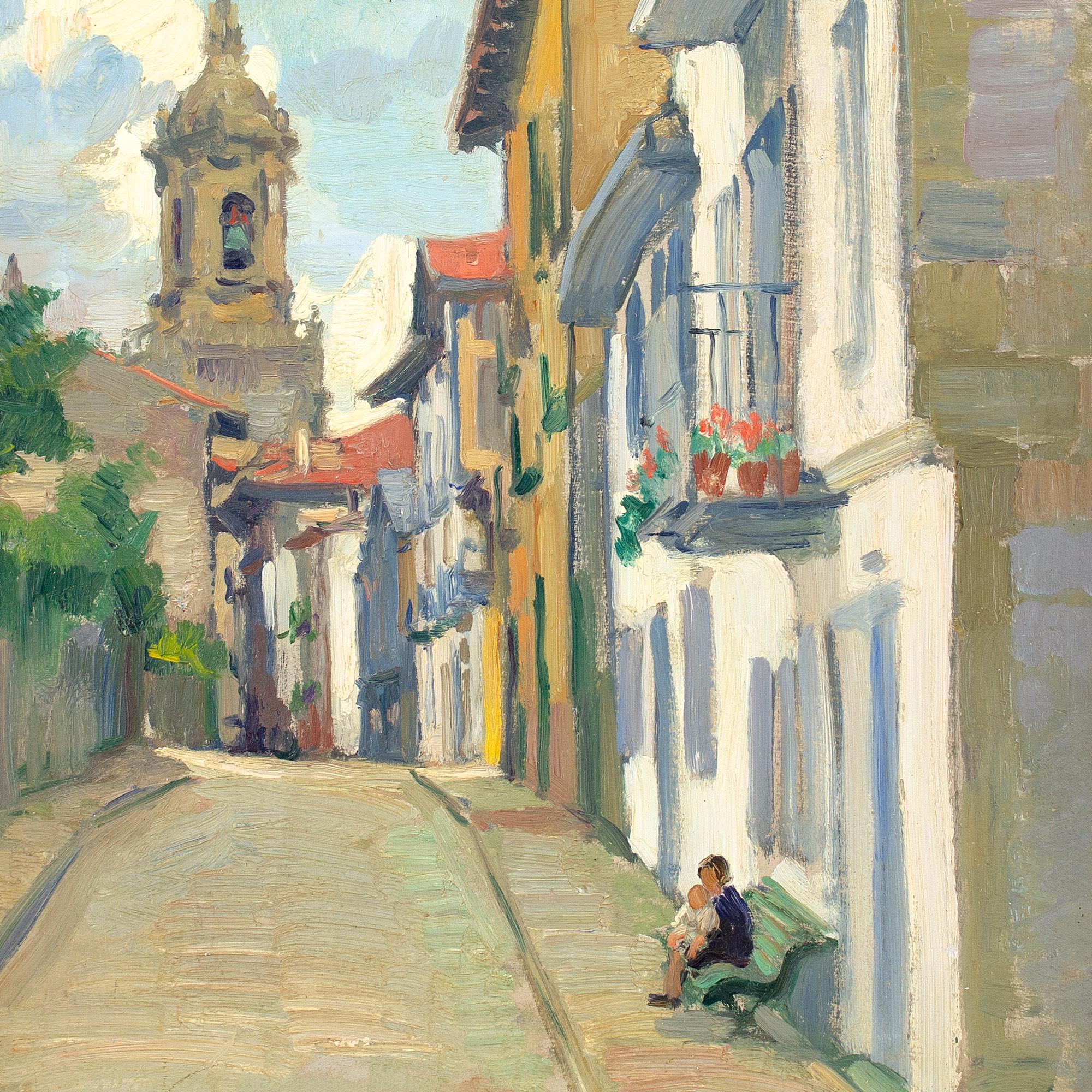 This early 20th-century oil painting by Belgian artist Philippe Swyncop (1878-1949) depicts a colourful street in Fontarrabie, Spain.

Fontarrabie, or Hondarribia as it’s known in Spanish, is a charming historic town situated close to the French