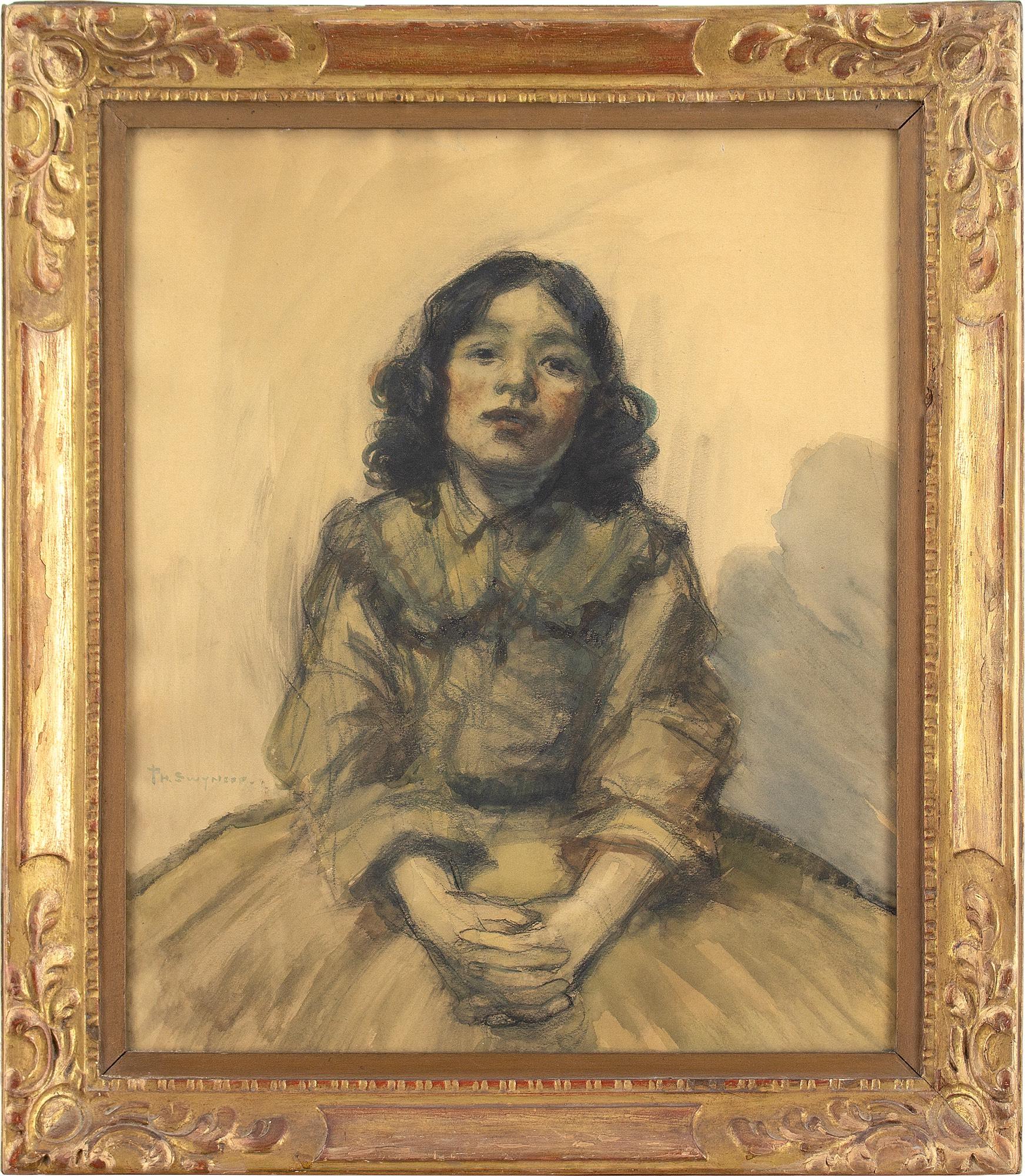 This early 20th-century work by Belgian artist Philippe Swyncop (1878-1949) depicts a seated young lady with a confident expression. It’s a characterful portrayal by a notable artist with a lively demeanour.

Swyncop was an artist’s artist. Born in