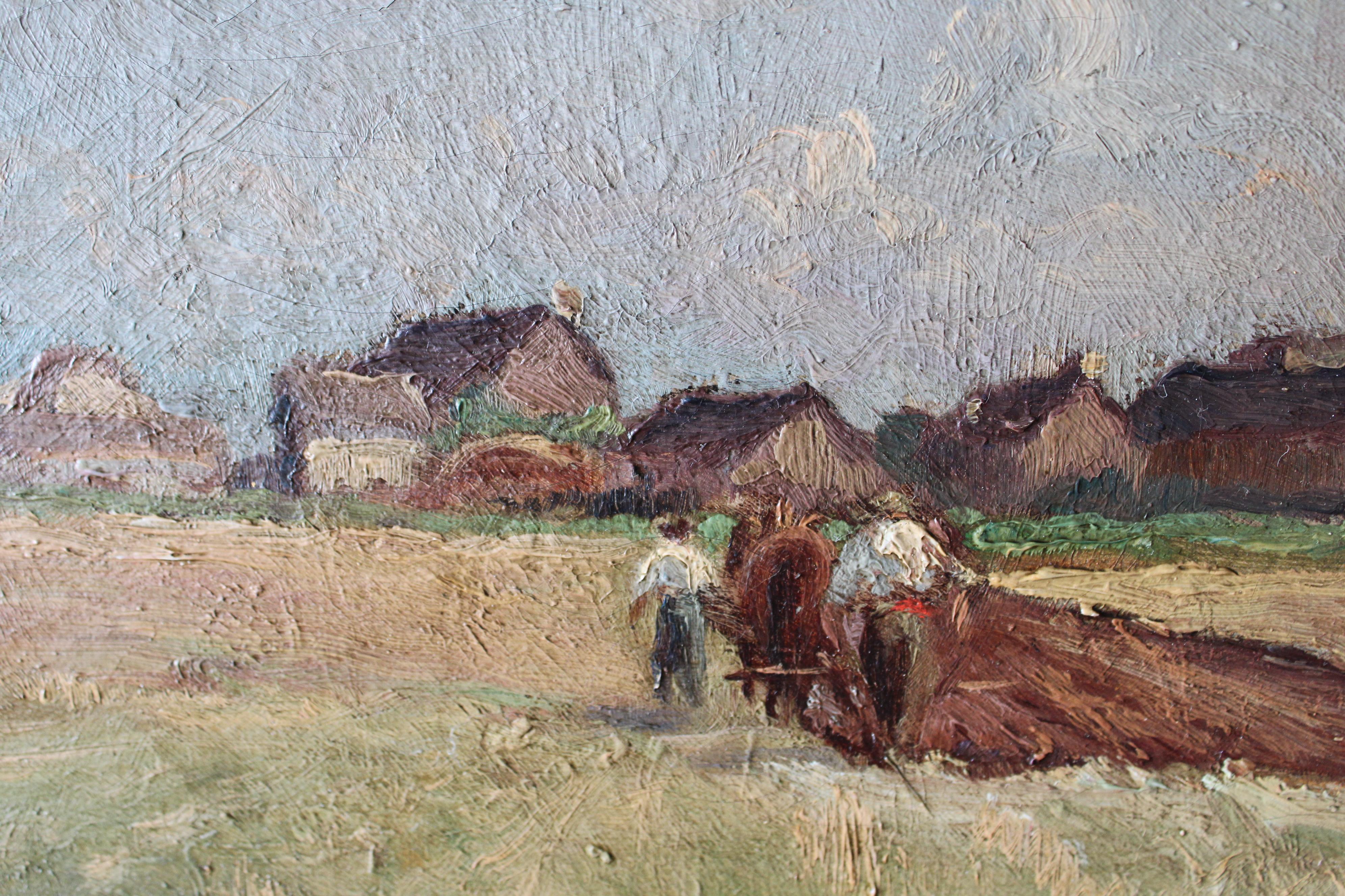 Antikes französisches signiertes impressionistisches Ölgemälde auf Leinwand in einem goldfarbenen Rahmen.  Dieses charmante Original-Ölgemälde einer ländlichen Landschaft ist unten links signiert und auf 1898 datiert.  Eine charmante Darstellung