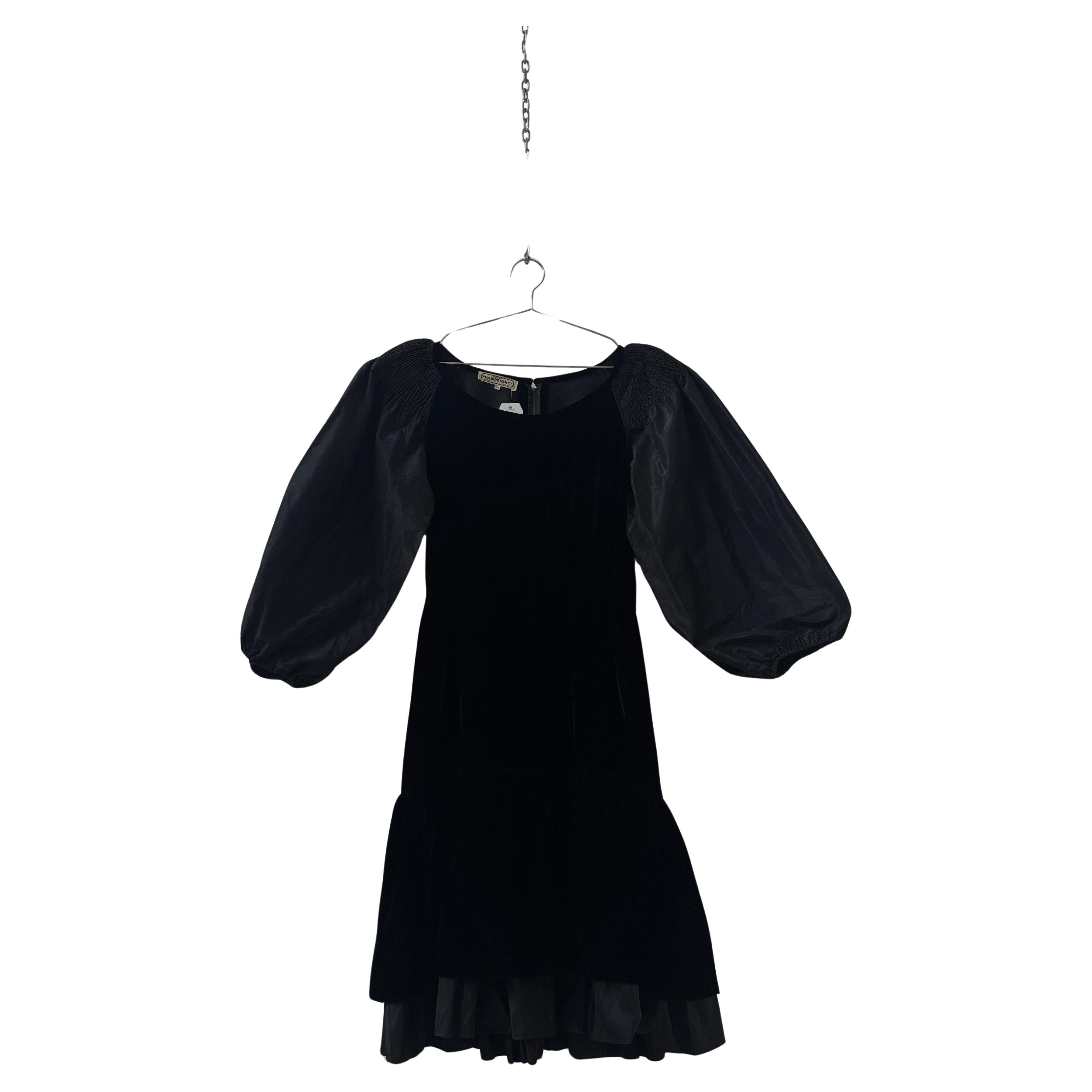 Philippe Venet Black Velvet Dress with Balloon Sleeves in vendita