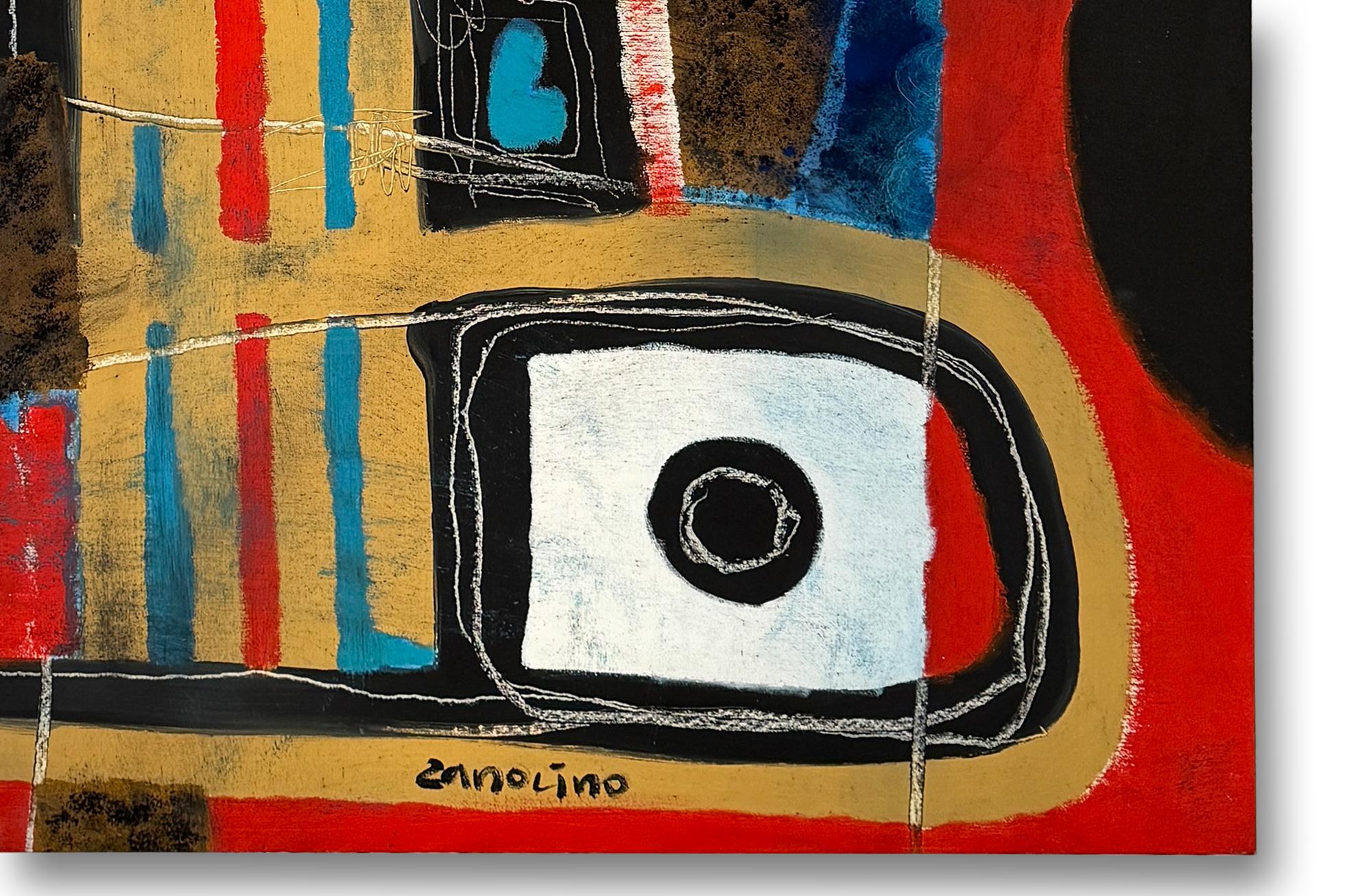 Abstraktes Ölgemälde auf Leinwand von Philippe Zanolino - Rot Blau Schwarz und Gold im Angebot 1