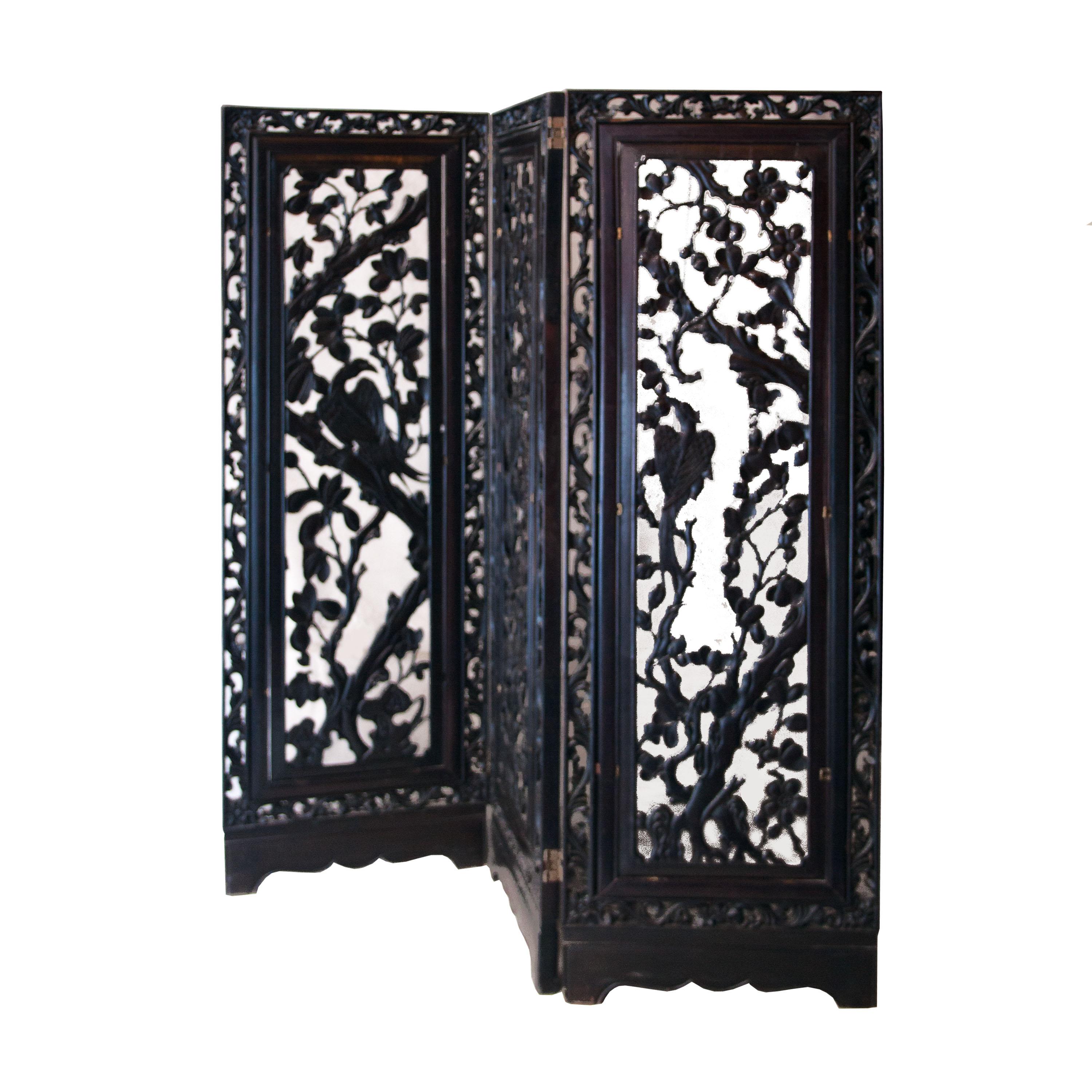 Traditional Philippine hand carved solid Mahogany 3-panel see-through screen.