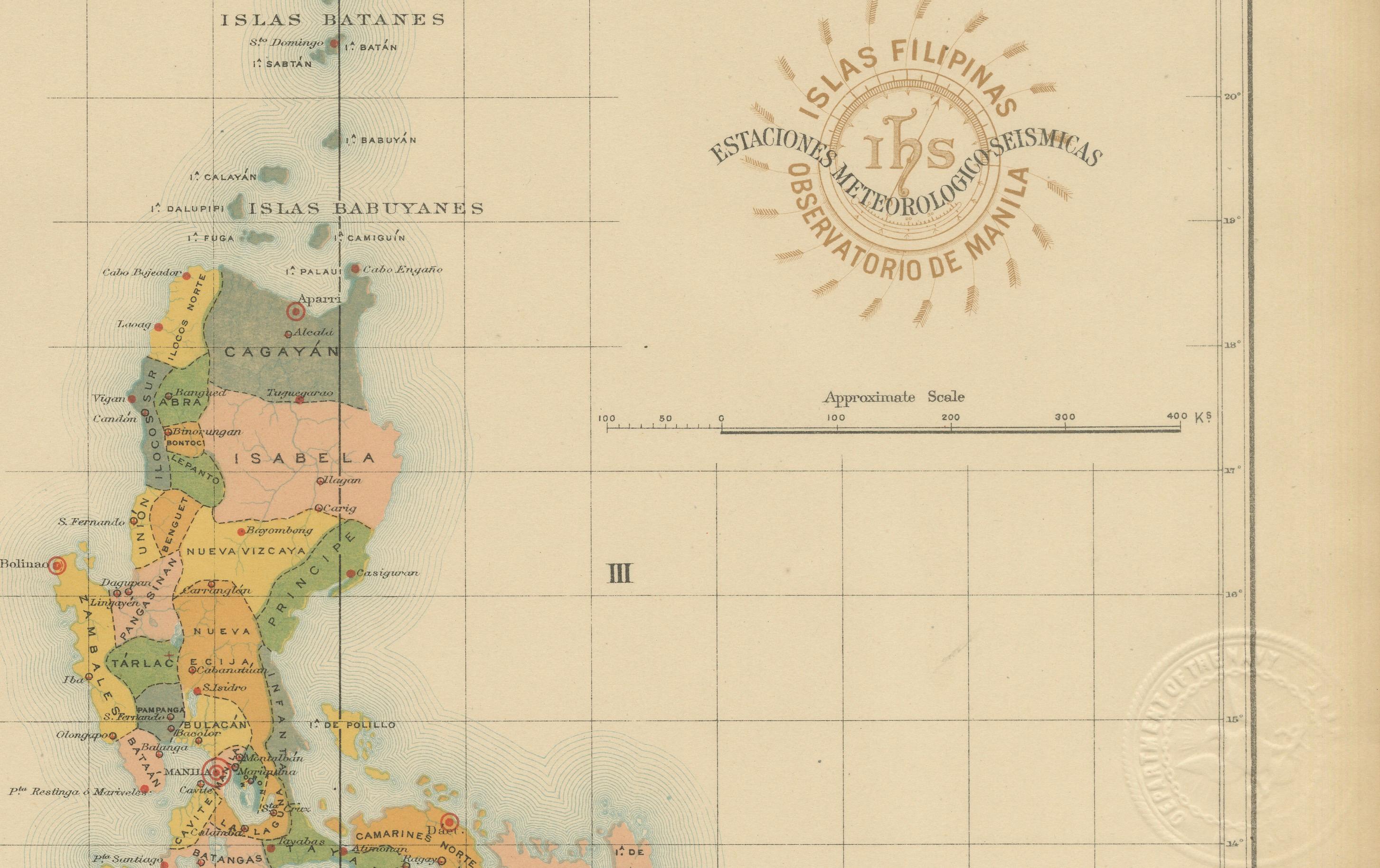 Title: Meteorological and Seismological Stations of the Philippines – Observatorio de Manila, 1899

This rare scientific chromolithograph titled “Islas Filipinas – Estaciones Meteorológicas y Sísmicas” was produced in 1899 under the direction of