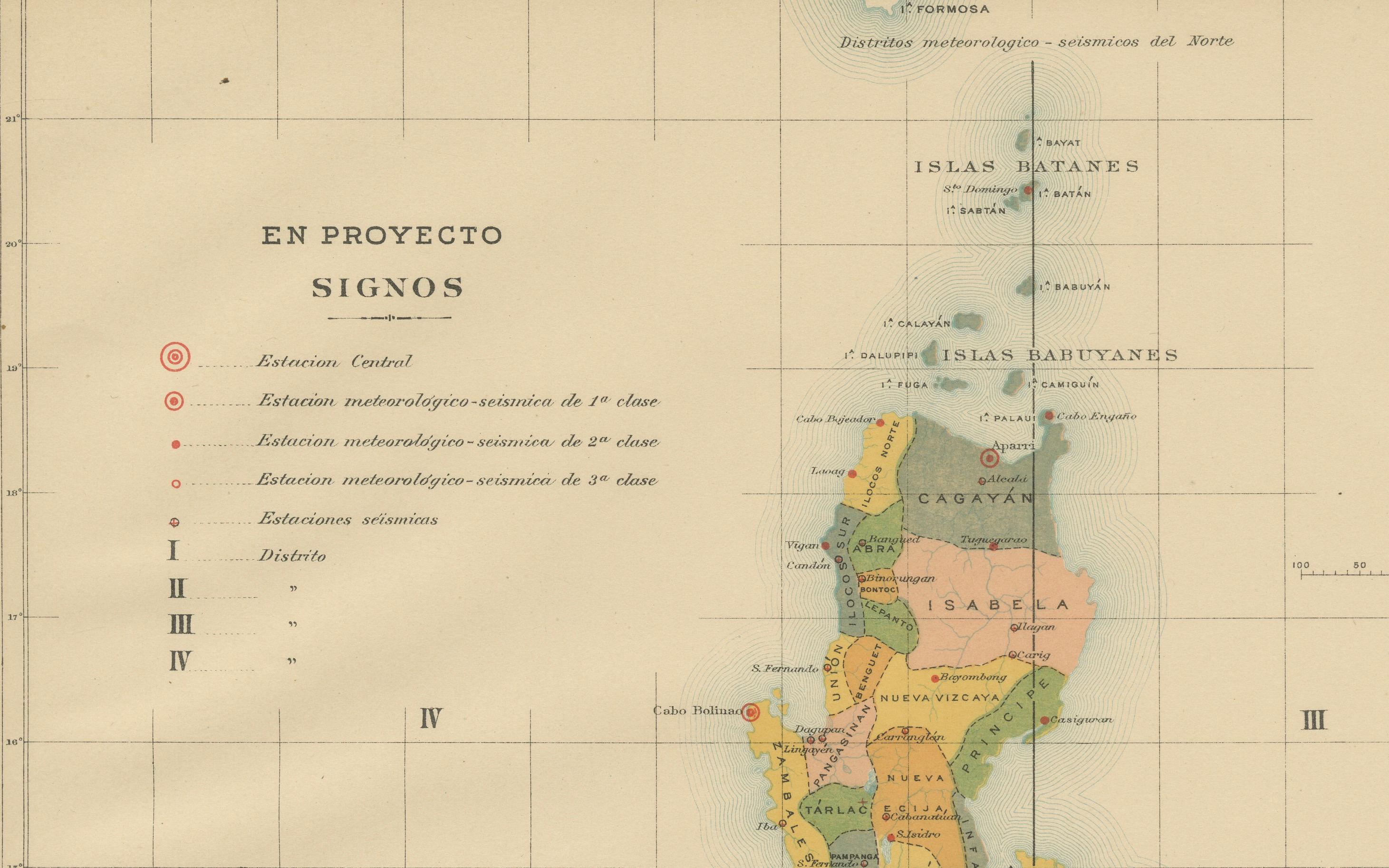 Paper Philippine Meteorological & Seismological Network Map – Manila Observatory, 1899 For Sale