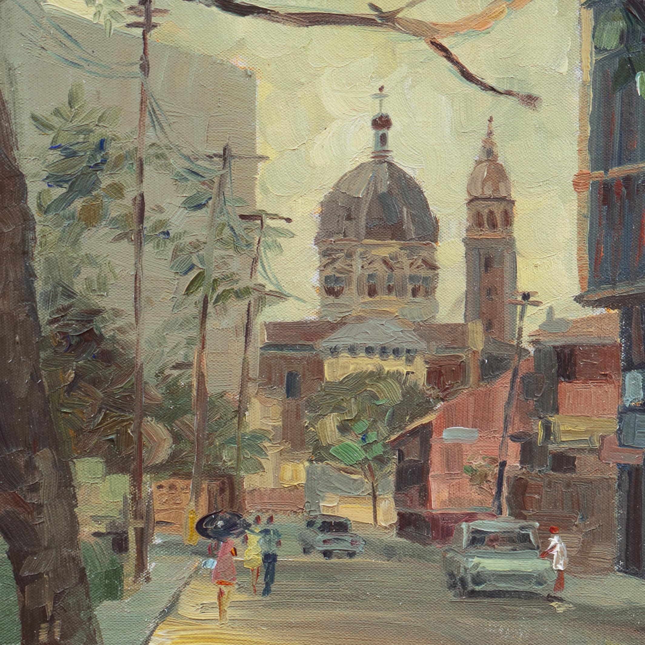 Signed lower right indistinctly, ( A.B. Delarova? ) and dated, '68''. Inscribed verso, 'Manila, Cathedral of the Immaculate Conception viewed from General Luna Street'.

A deftly-painted, tonalist oil painting showing of this elegant section of