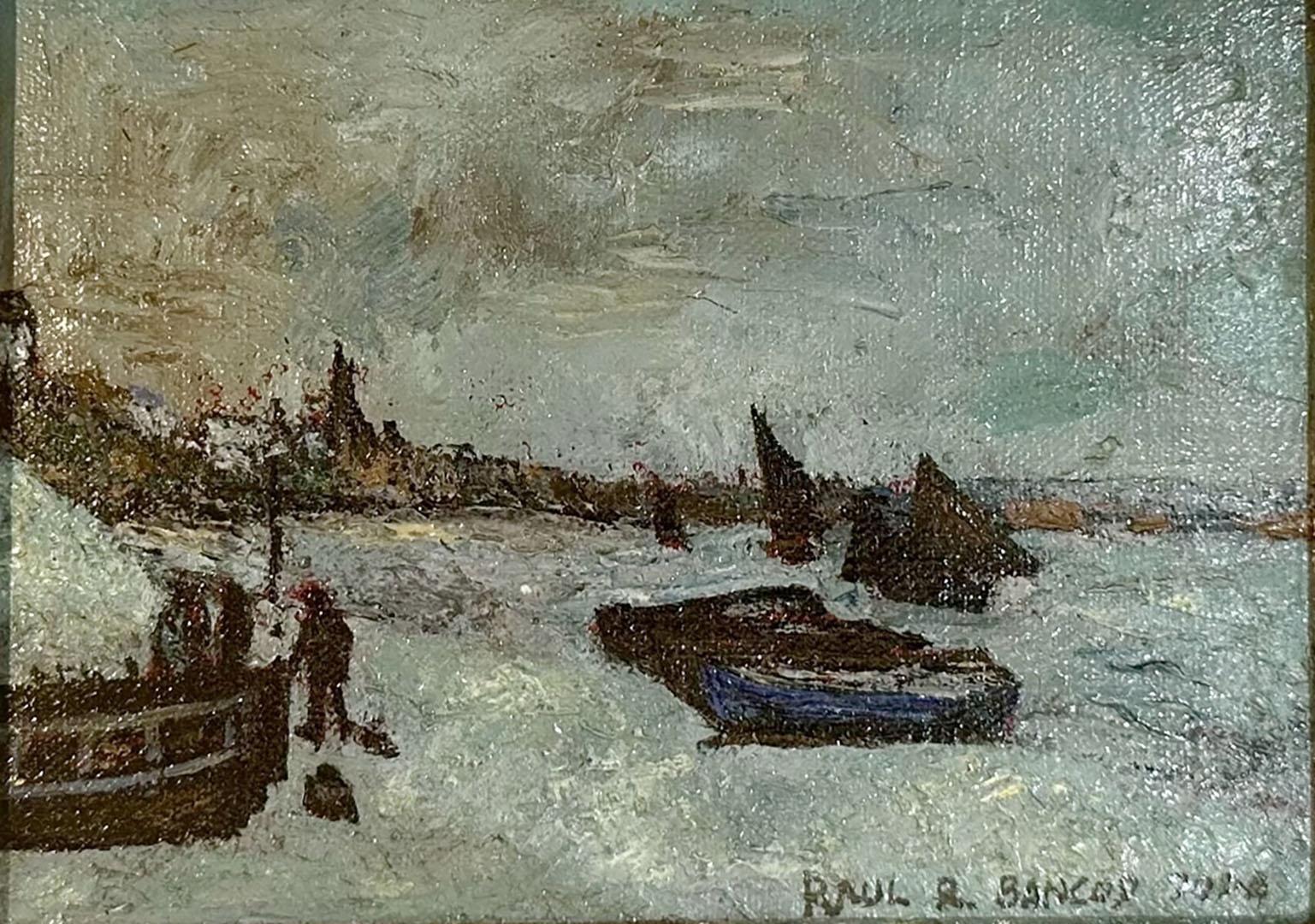 Une captivante huile sur panneau de Raul R. Bancos, né aux Philippines. Peinte au début des années 2000, cette œuvre intime est placée dans un cadre magnifiquement fait à la main qui complète sa profondeur tranquille. L'intérieur mesure 5