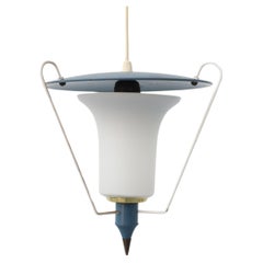 Vintage Philips 1950s Milk Glass "Lantern" Pendant Light in Blue & Brass by Louis Kalff