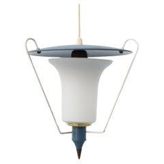 Philips Pendelleuchte „Lantern“ aus Milchglas in Blau und Messing von Louis Kalff, 1950er Jahre
