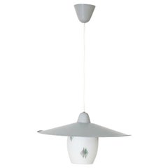 Philips Attributed Ceiling Pendant with Printed Milk Glass Shade & Gray Canopy