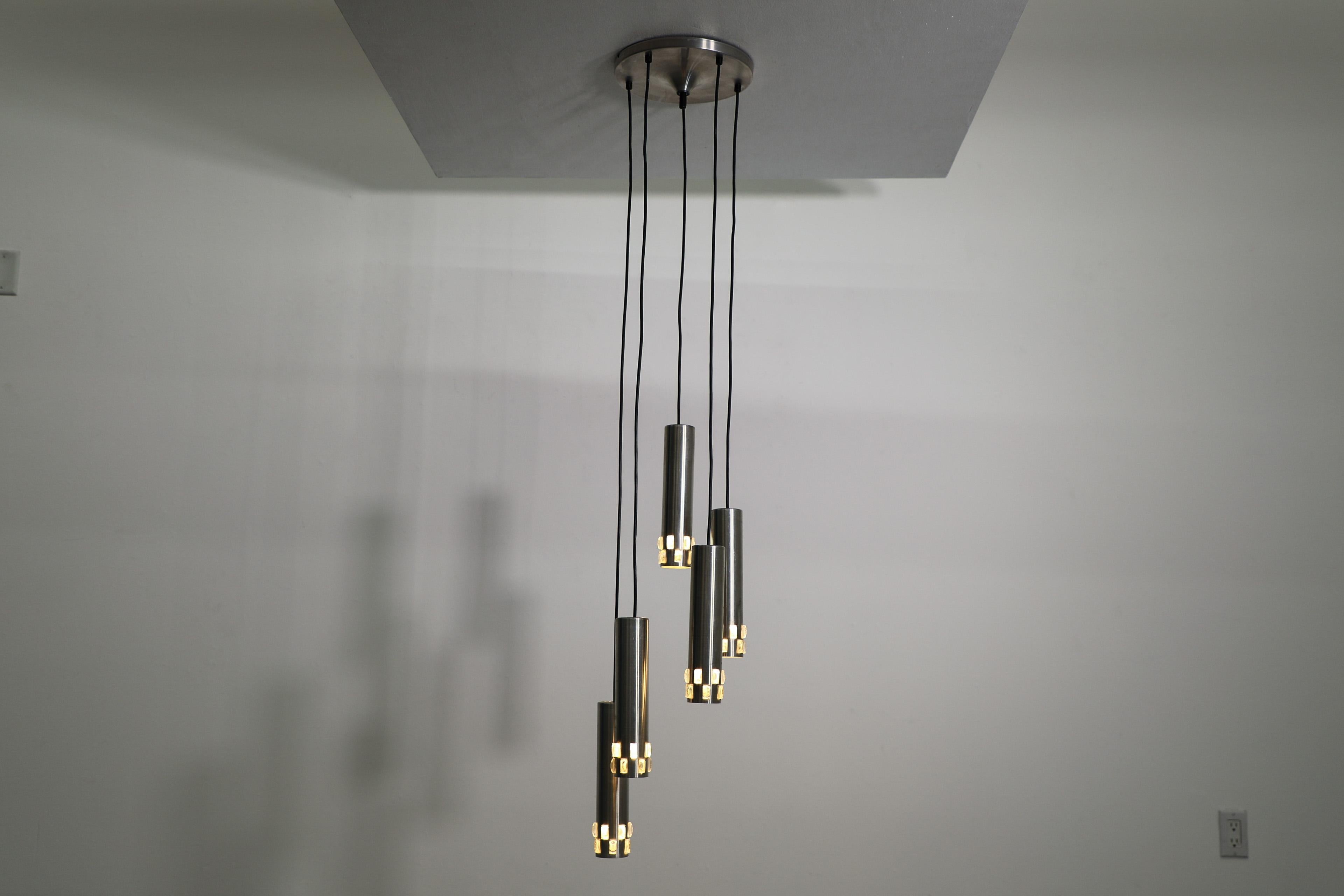 Philips attributed Hanging Chrome Tube Ceiling Light Chandelier In Good Condition For Sale In Los Angeles, CA