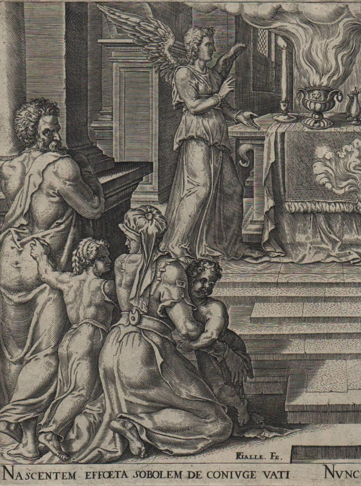 Zecharias Preaching in the Temple - 1564 Old Master Engraving Religious - Print by Philips Galle