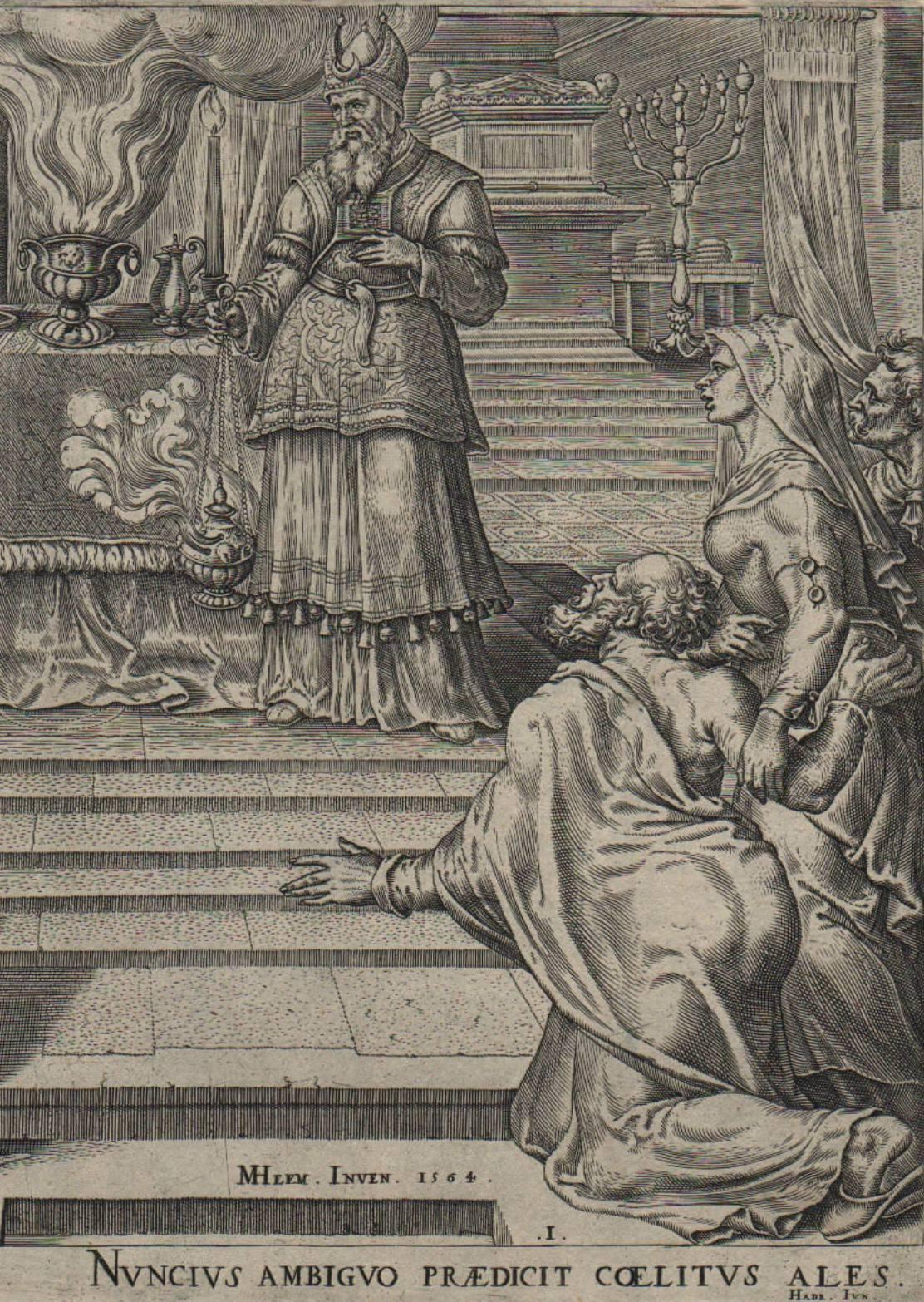 Zecharias Preaching in the Temple - 1564 Old Master Engraving Religious - Northern Renaissance Print by Philips Galle