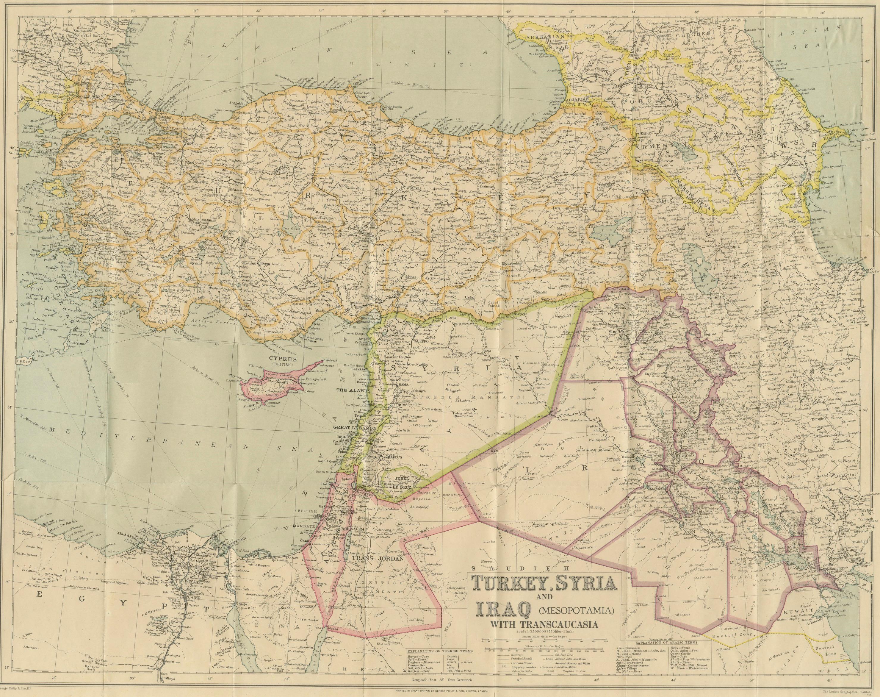 Philips' Imperial Map of Turkey, Syria, Iraq & Transcaucasia, c.1926