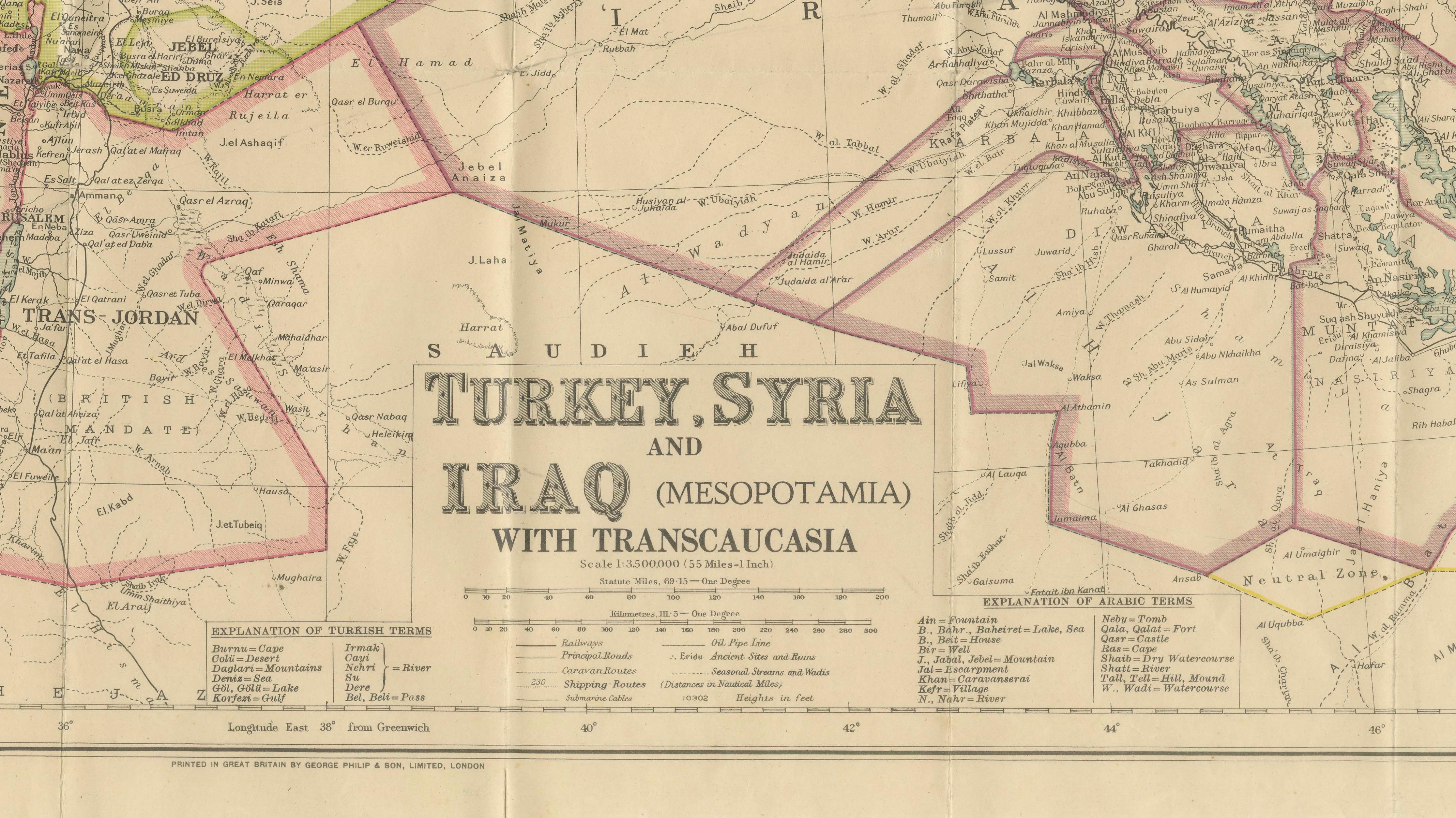 Philips' Imperial Map of Turkey, Syria, Iraq & Transcaucasia, c.1926