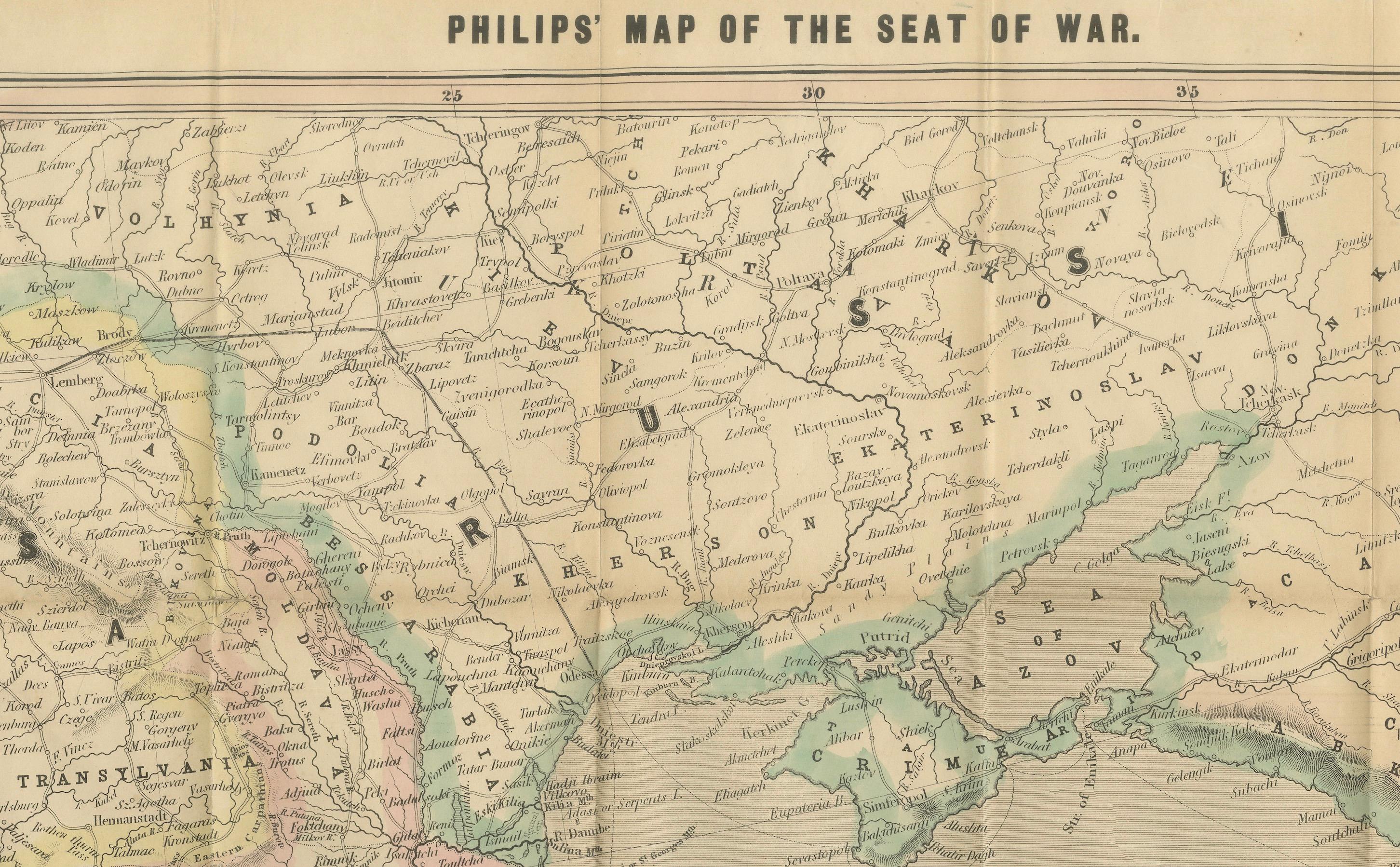 Philips Map of the Seat of War 1854 - Black Sea, Turkey & Russia Antique Map (en anglais) Bon état - En vente à Langweer, NL