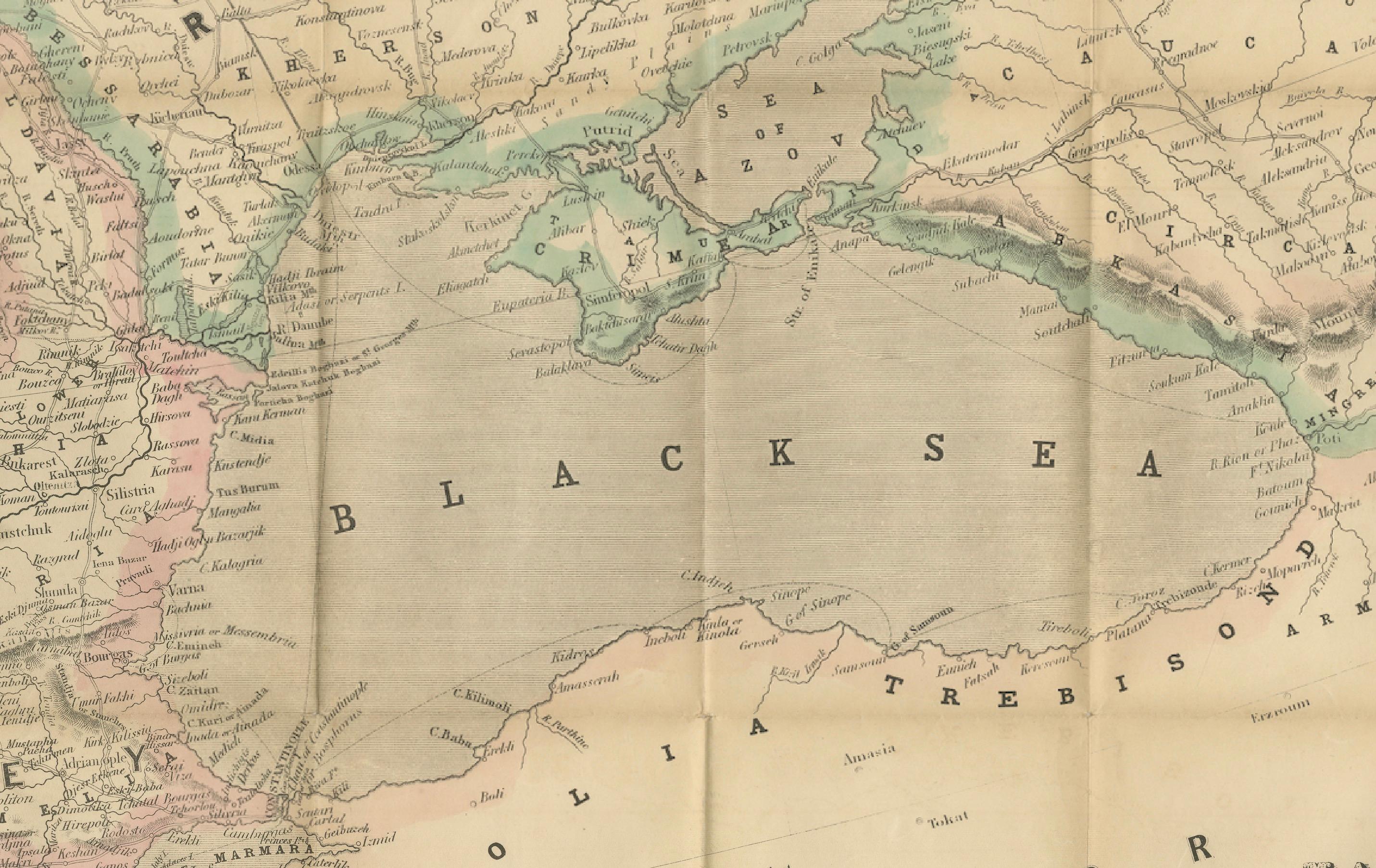 Philips Map of the Seat of War 1854 - Black Sea, Turkey & Russia Antique Map (en anglais) en vente 2