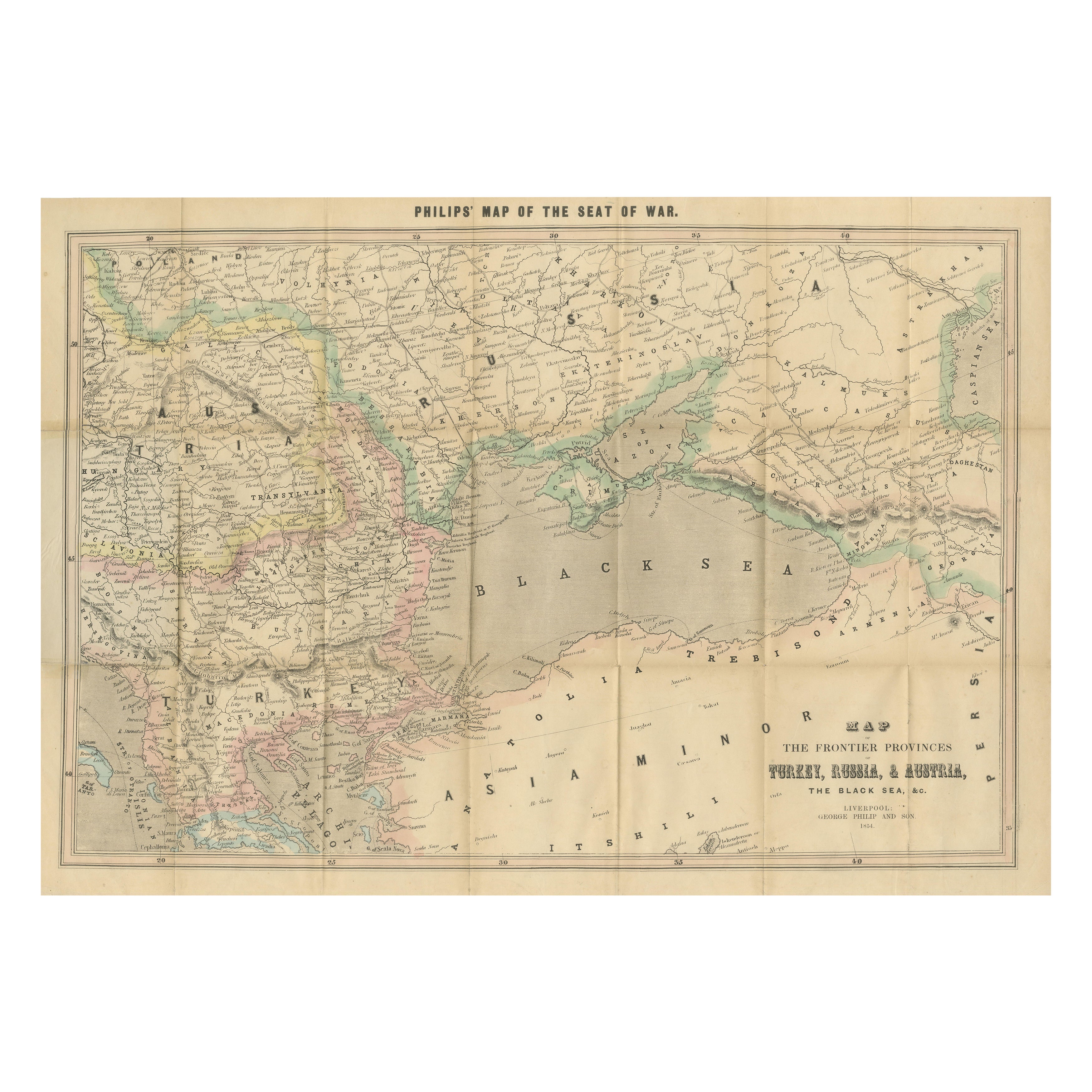 Philips Map of the Seat of War 1854 - Black Sea, Turkey & Russia Antique Map (en anglais) en vente