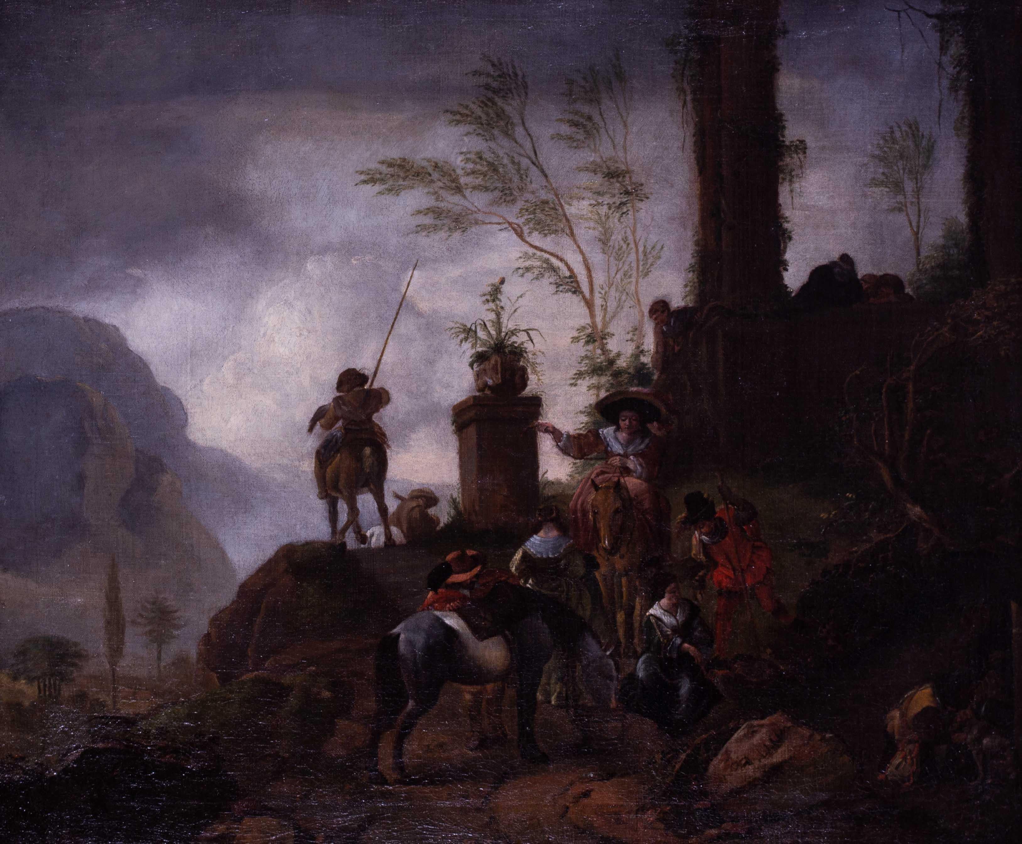 17th Century Dutch landscape oil painting attr to Philips Wouverman of hunters - Painting by Philips Wouwerman 