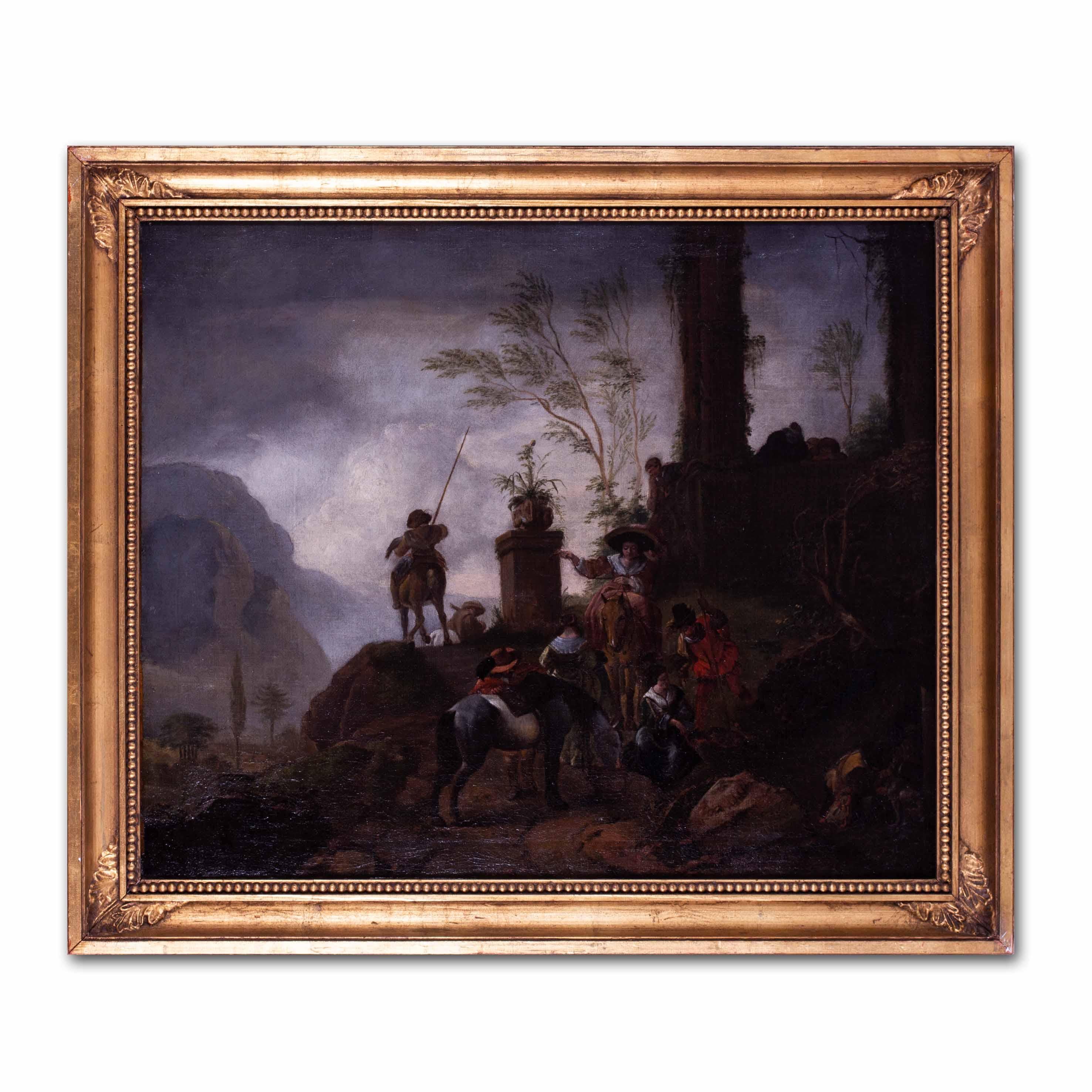 17th Century Dutch landscape oil painting by Philips Wouverman of hunters - Old Masters Painting by Philips Wouwerman 