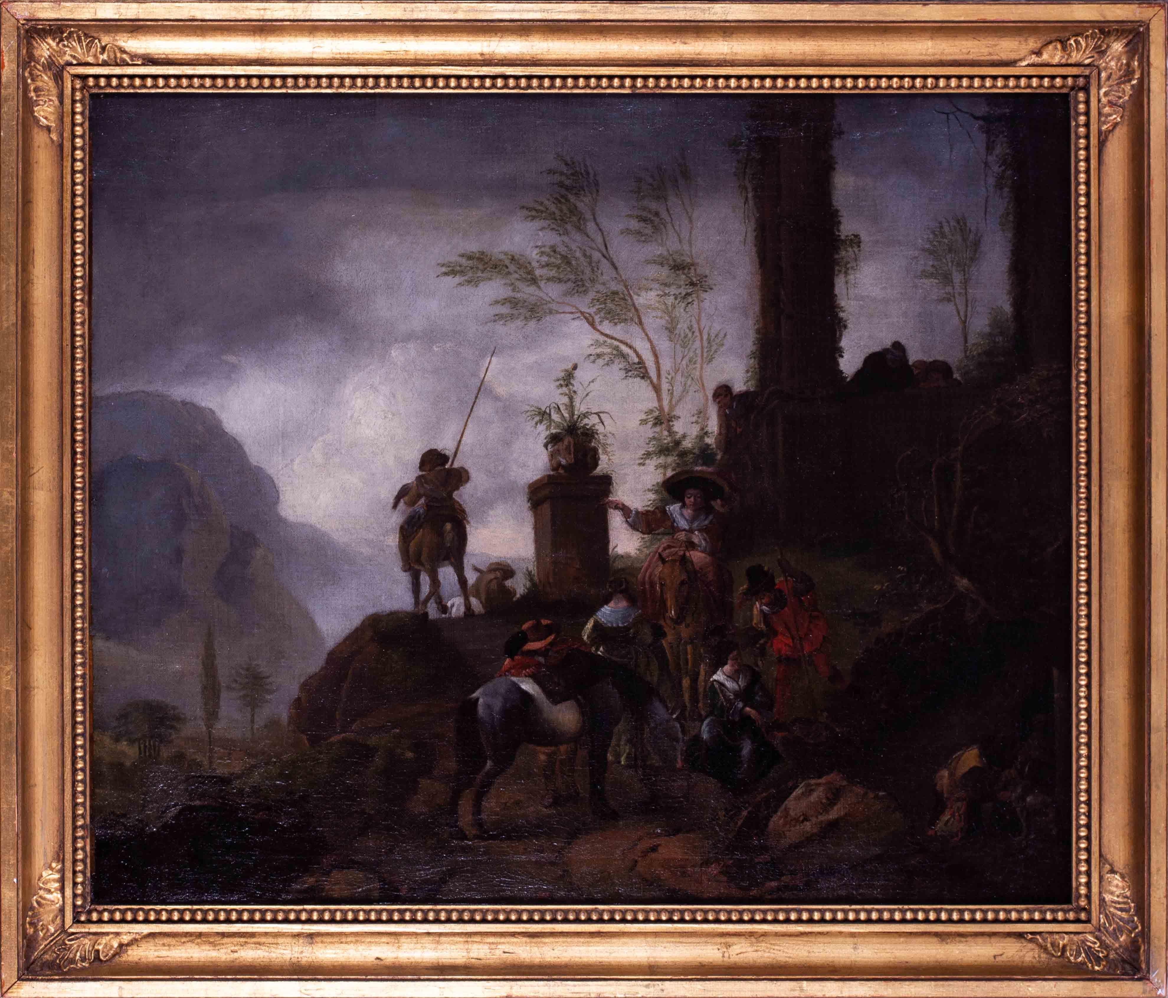 17th Century Dutch landscape oil painting by Philips Wouverman of hunters
