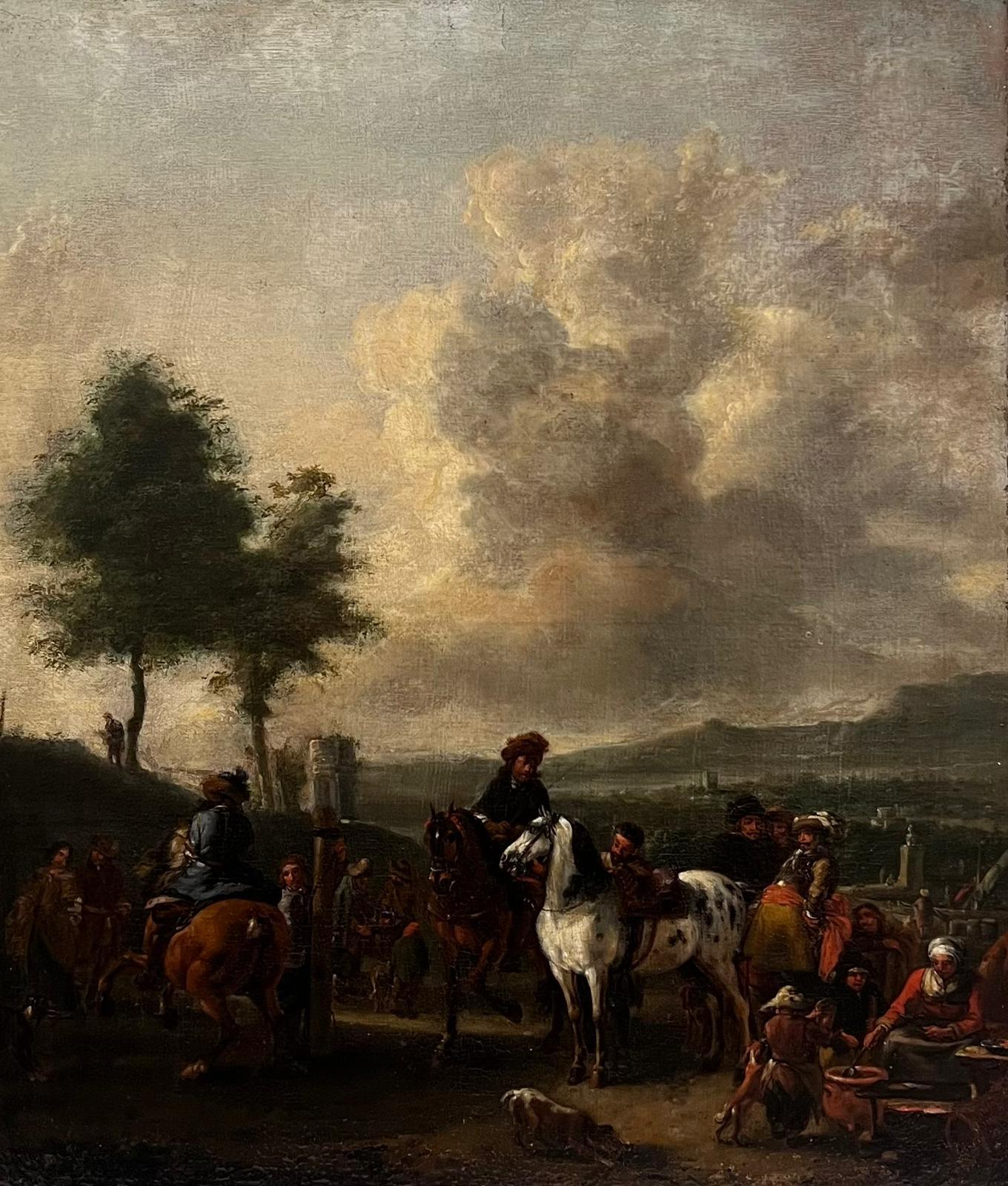 Fine 17th Century Dutch Old Master Oil Military Encampment Figures on Horseback - Painting by Philips Wouwerman