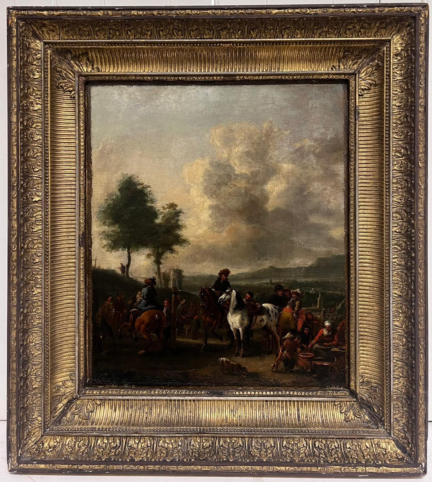 Belle huile de maître hollandaise du 17e siècle représentant des personnages à cheval dans un campement militaire