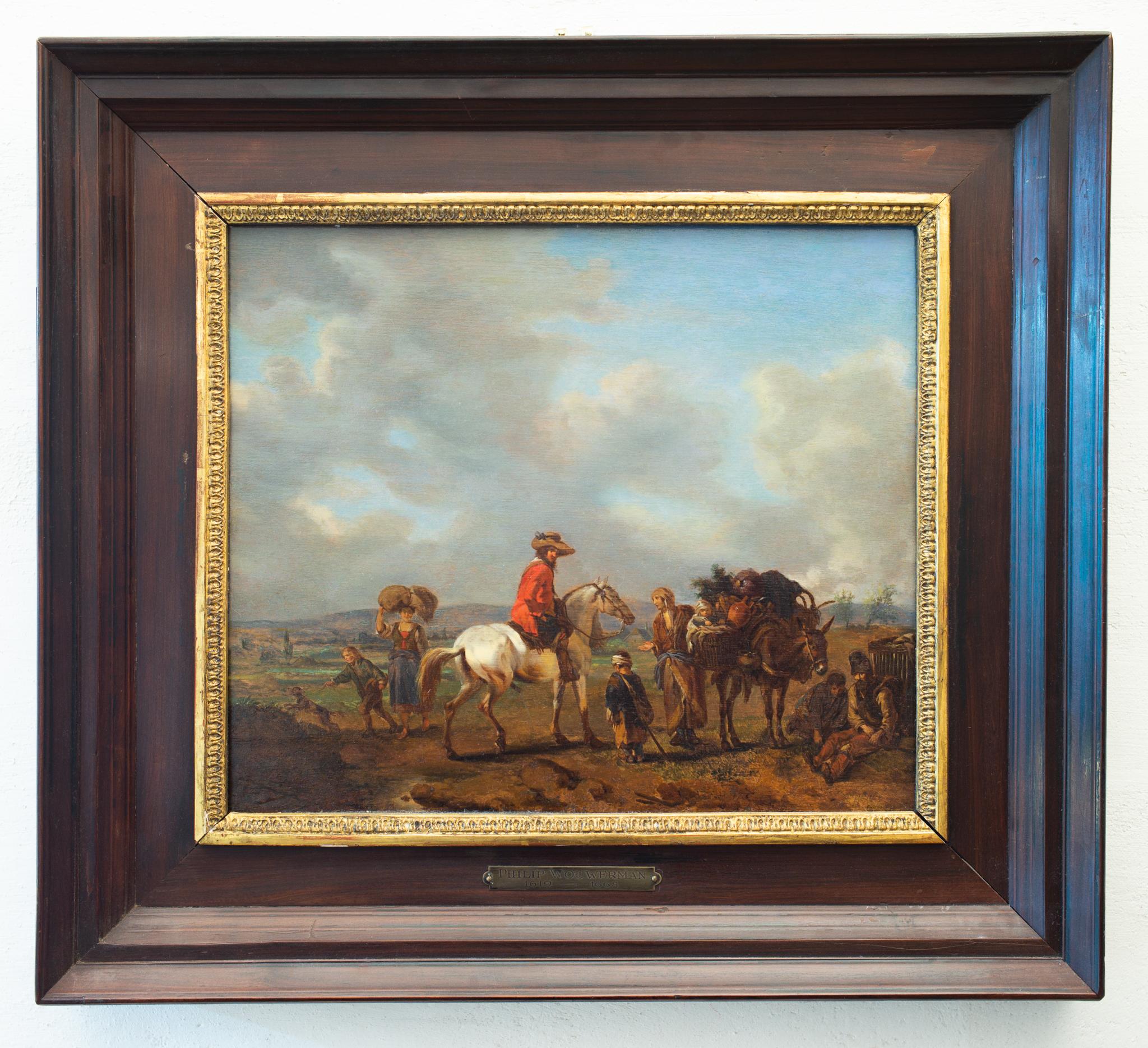 Landschaft mit Gentleman auf Pferd und bäuerlicher Frau, die fast lebt – Painting von Philips Wouwerman