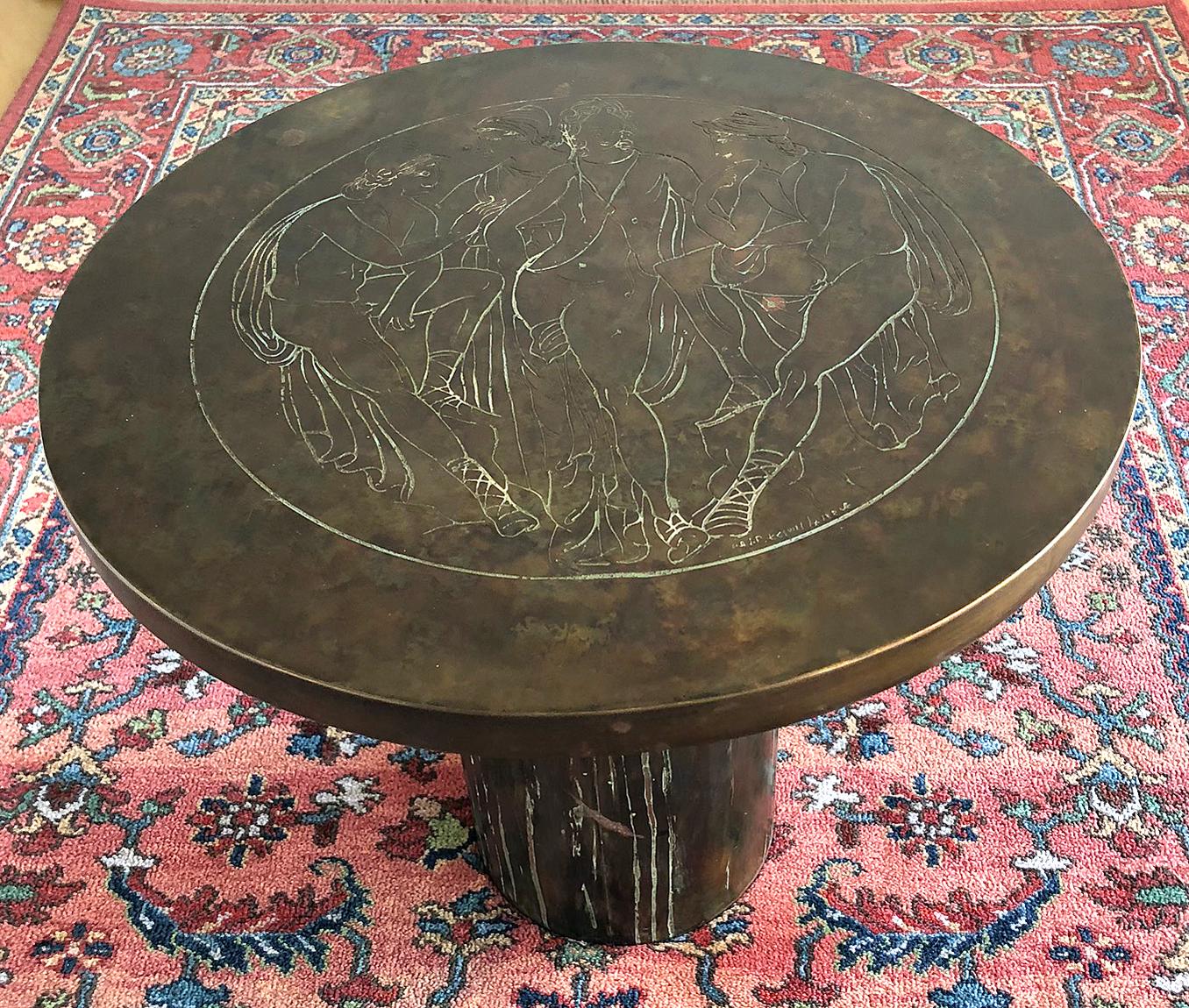 Signed Philip and Kelvin LaVerne bronze side table. Features etched figures on the top and textured base. 
This is an excellent example of the work of New York artisans, father and son, Philip and Kelvin LaVerne.