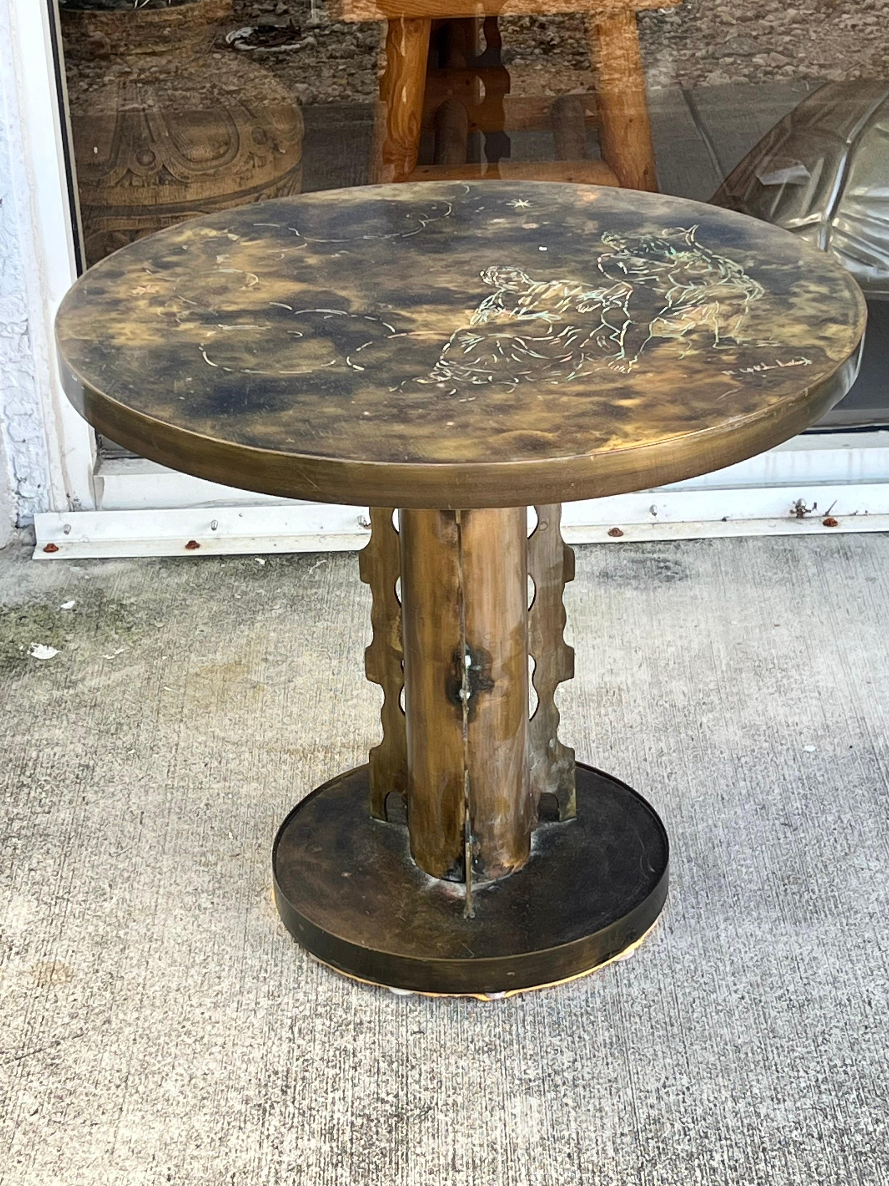Philip & Kelvin LaVerne round side table. Acid etched and patinated bronze top complimented by a bronze base.
Table is signed.
