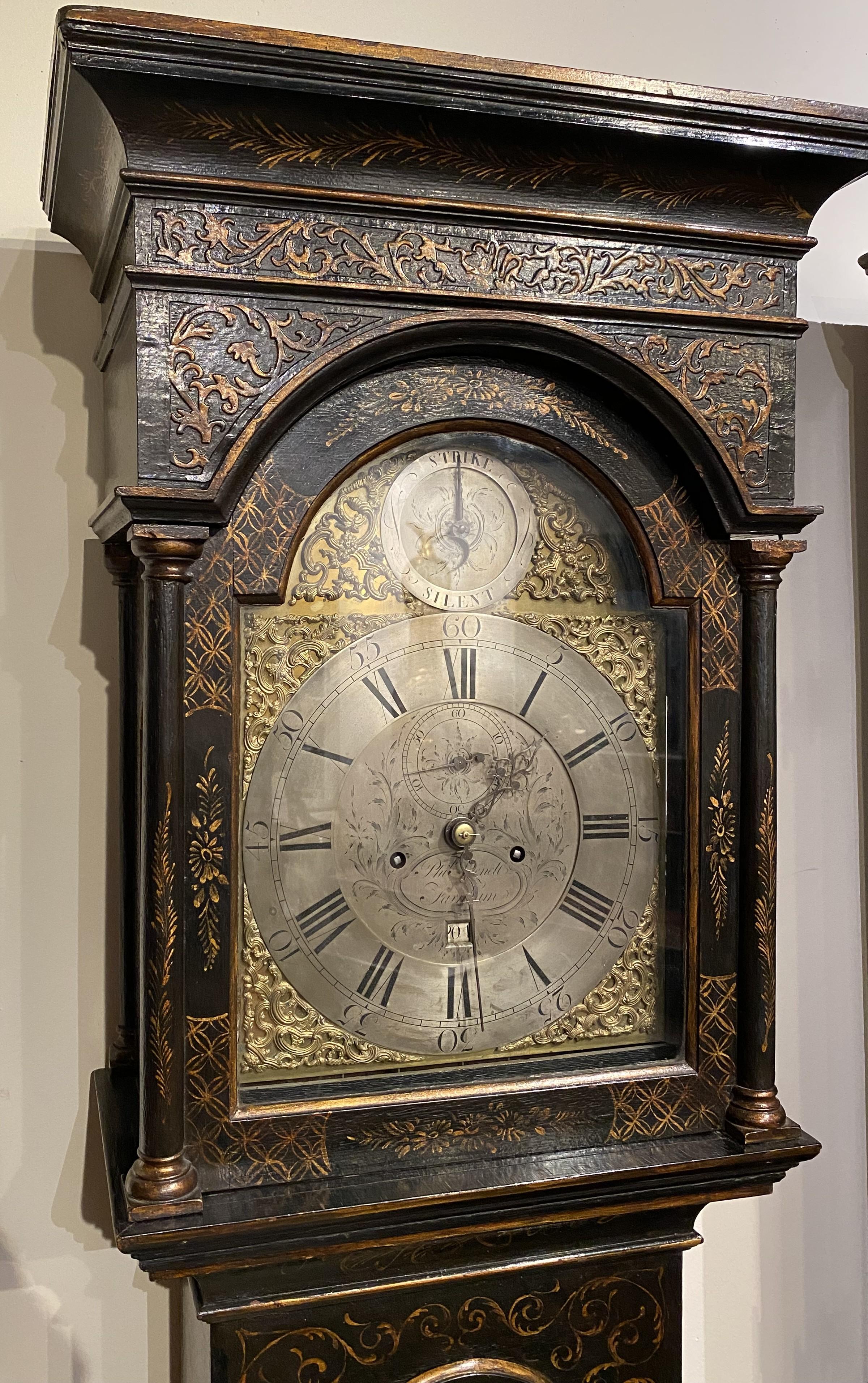 A fine example of an English tall clock with japanned case by clockmaker Phillip Avenell of Farnum (d. 1783). Avenell was part of the renowned and prolific Avenell ( also seen spelled Avenall ) extended family of excellent clockmakers who worked