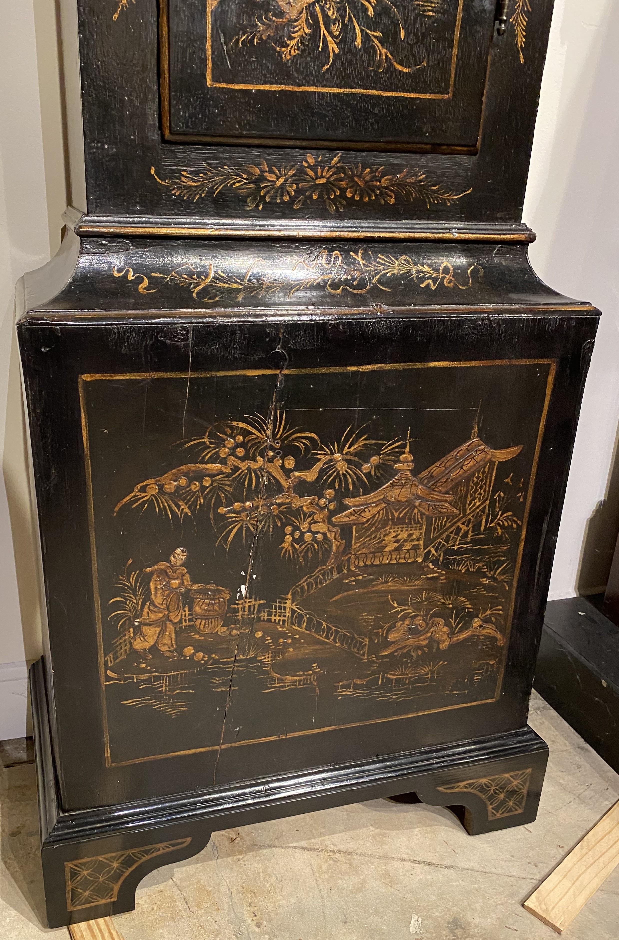 Hand-Carved Phillip Avenell of Farnham English Tall Clock with Japanned Case circa 1770 For Sale