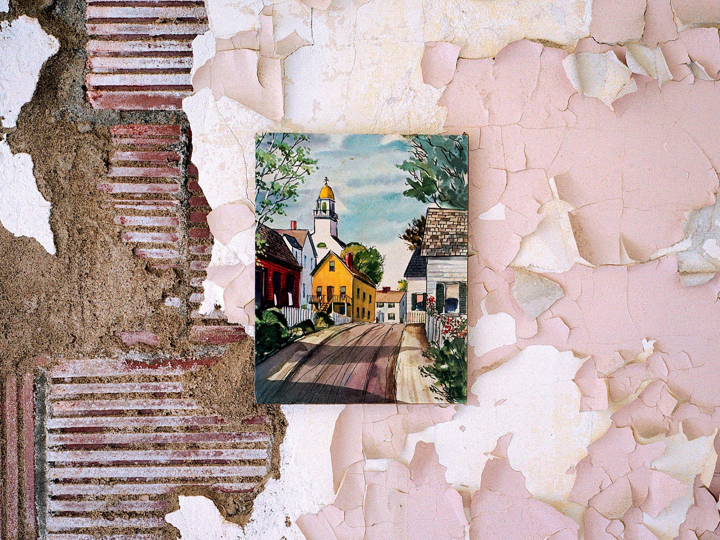 "Church Dome" color photograph, rose pink abstract wall, town road landscape