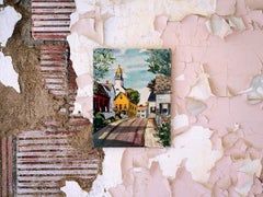 "Church Dome" color photograph, rose pink abstract wall, town road landscape