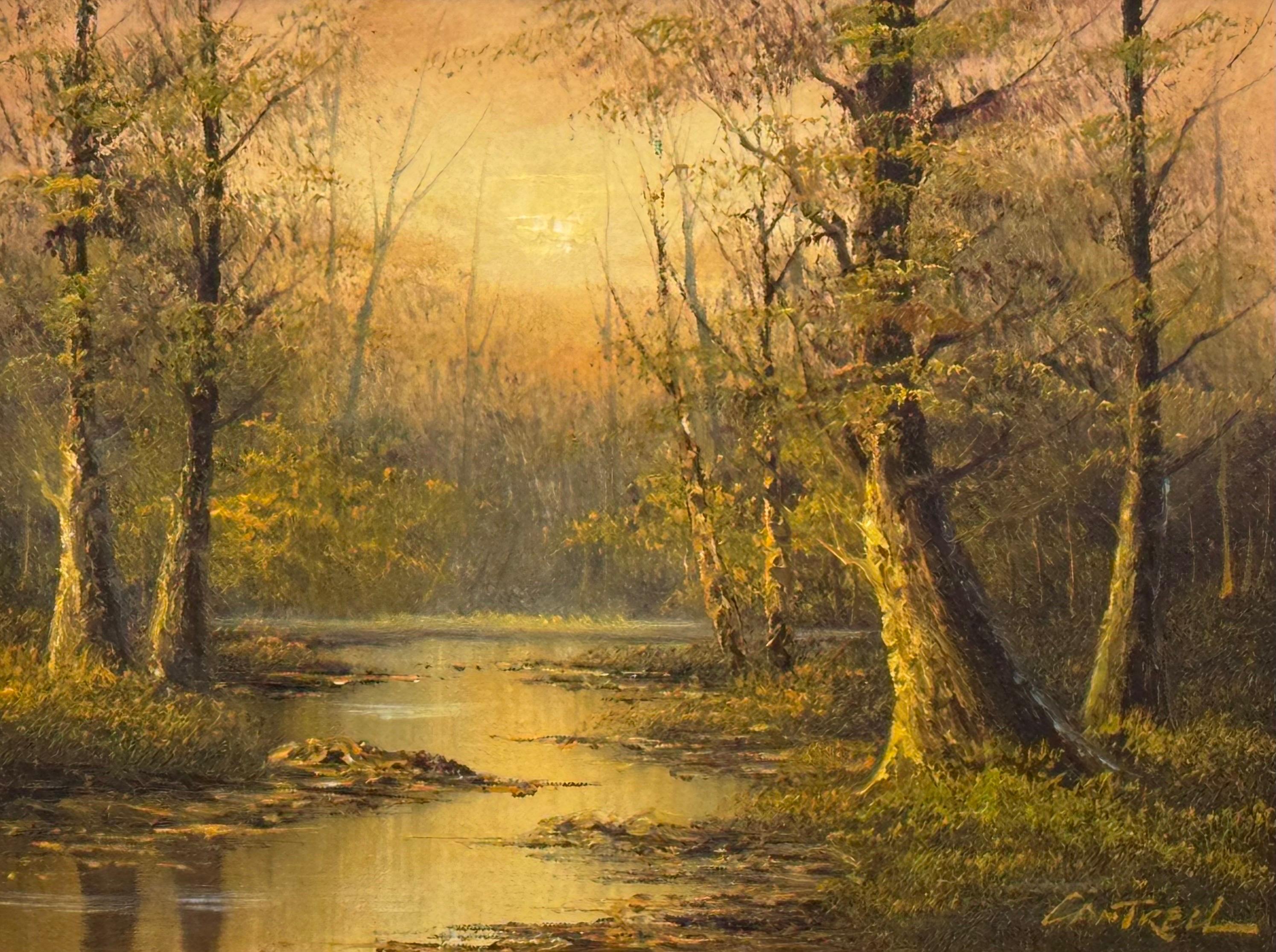 Scena di lago nella foresta 'Golden Tranquility' di un artista americano del XX secolo del dopoguerra in vendita 6