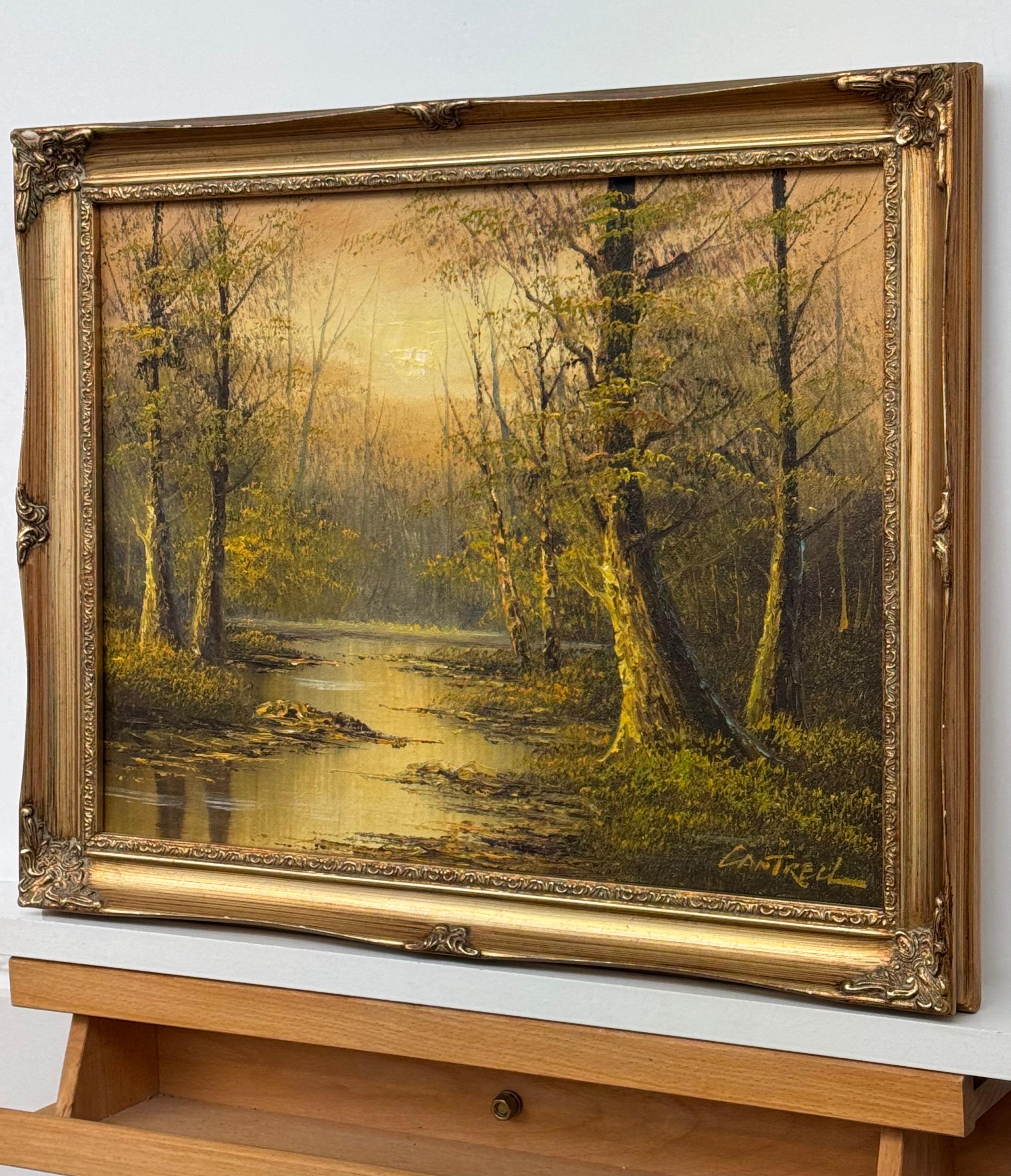 Scena di lago nella foresta 'Golden Tranquility' di un artista americano del XX secolo del dopoguerra - Figurative Painting Marrone di Phillip Cantrell