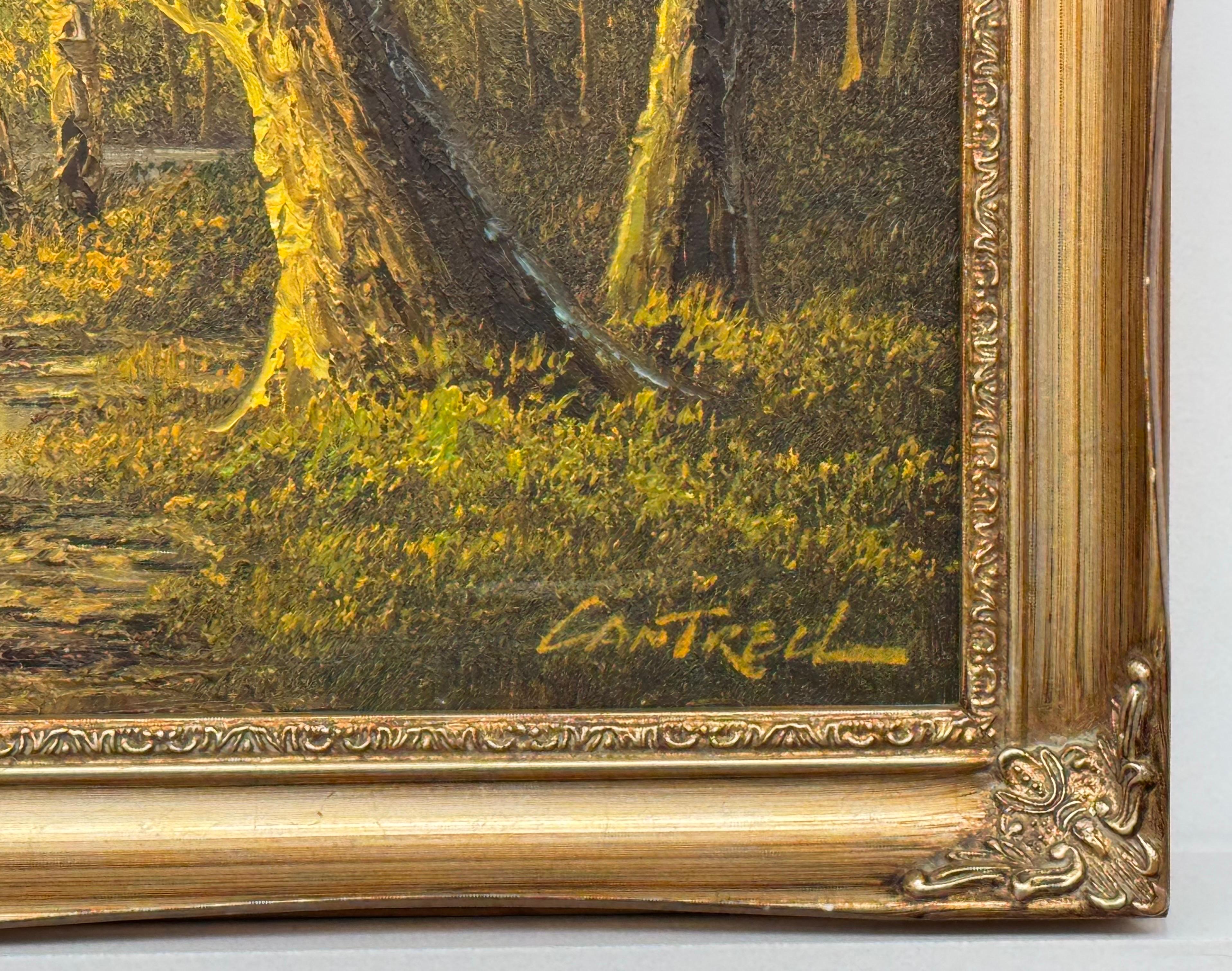 'Golden Tranquility' Scena di lago nella foresta dell'artista americano del XX secolo del dopoguerra, Phillip Cantrell, nato nel 1922. Originale, firmato, paesaggio, pittura a olio d'epoca. 

L'arte misura 16 x 12 pollici  
La cornice misura 18 x 14