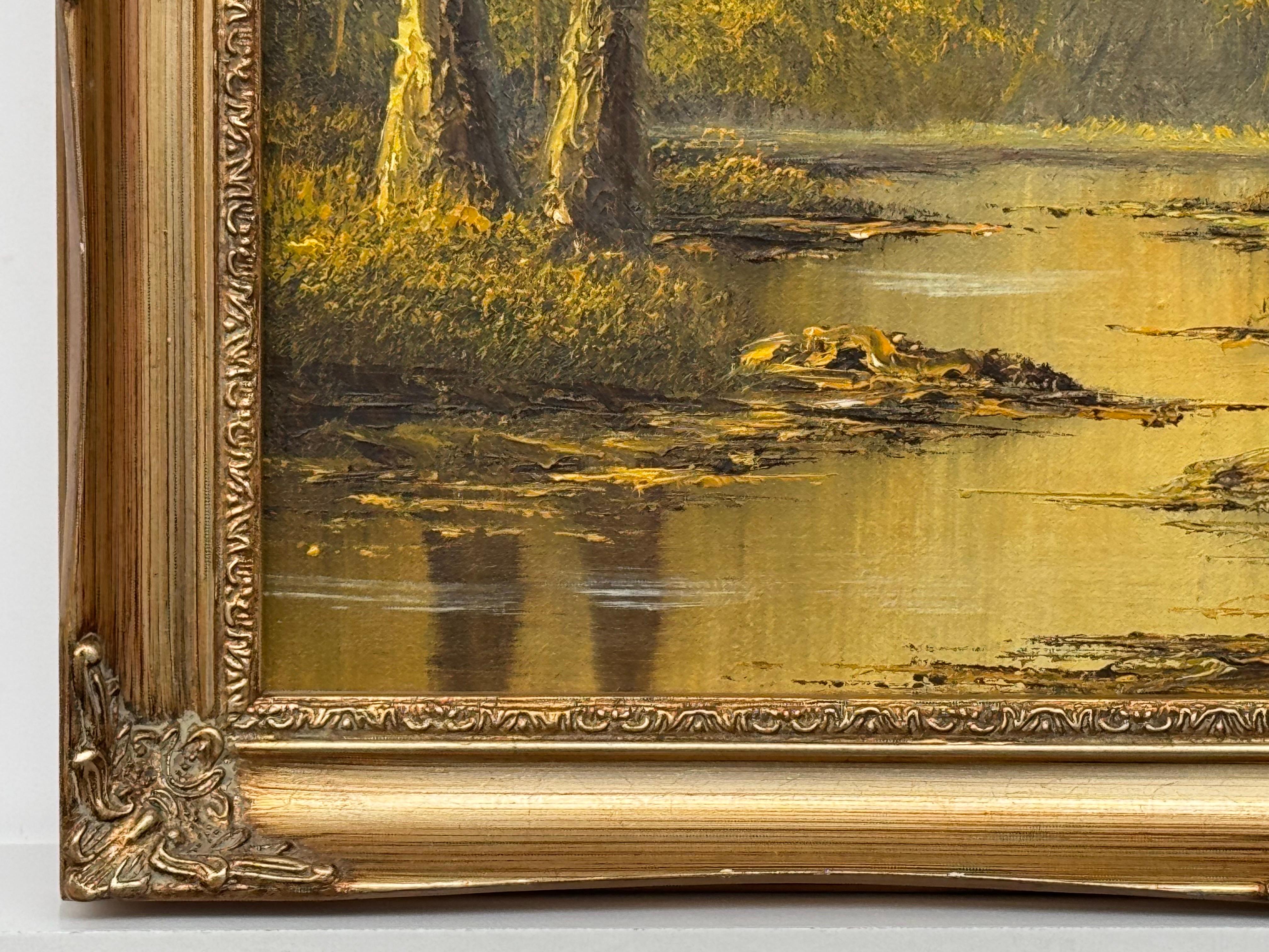 Scena di lago nella foresta 'Golden Tranquility' di un artista americano del XX secolo del dopoguerra in vendita 3